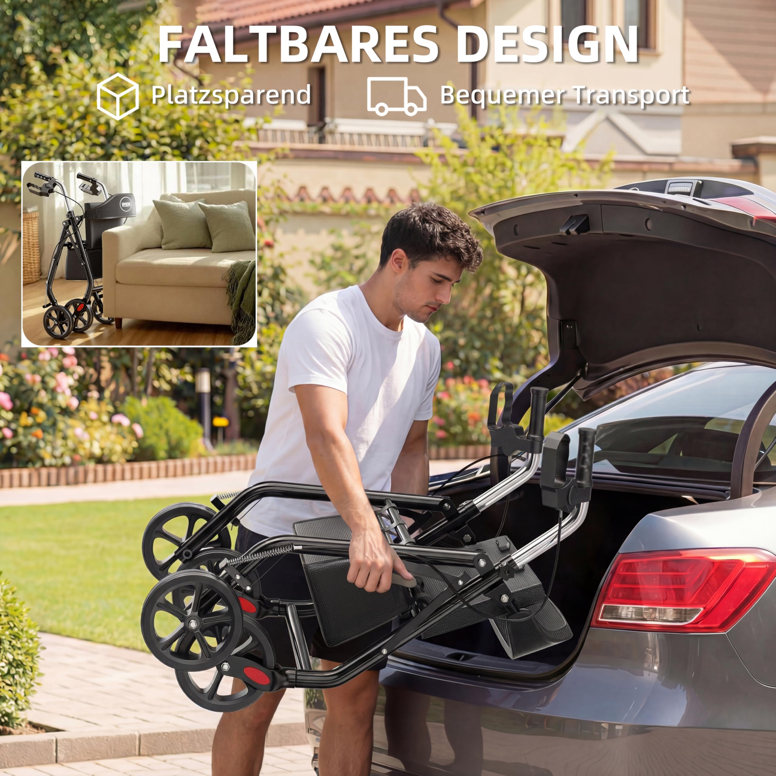 Leichtgewicht Rollator faltbar mit Sitz,schmal für Senioren Wohnung,Höhenverstellbar, Rollatoren für Senioren Klappbar mit 20cm Reifen für All Gelände, Gehhilfe, Laufhilfe (Schwarz)