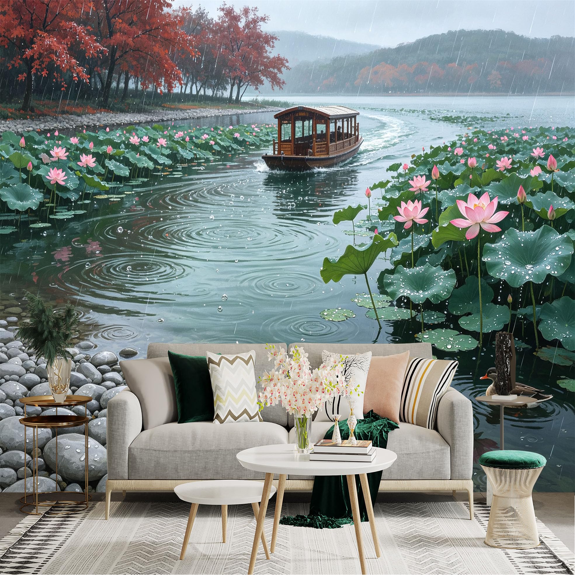 Custom Size Wall Sticker Mural， Rainy Lake Scenery， Lotus Flowers and Traditional Boat， Ripples on Water， Peaceful Nature Landscape， for wall Decoration， peelandstick wall Decals.