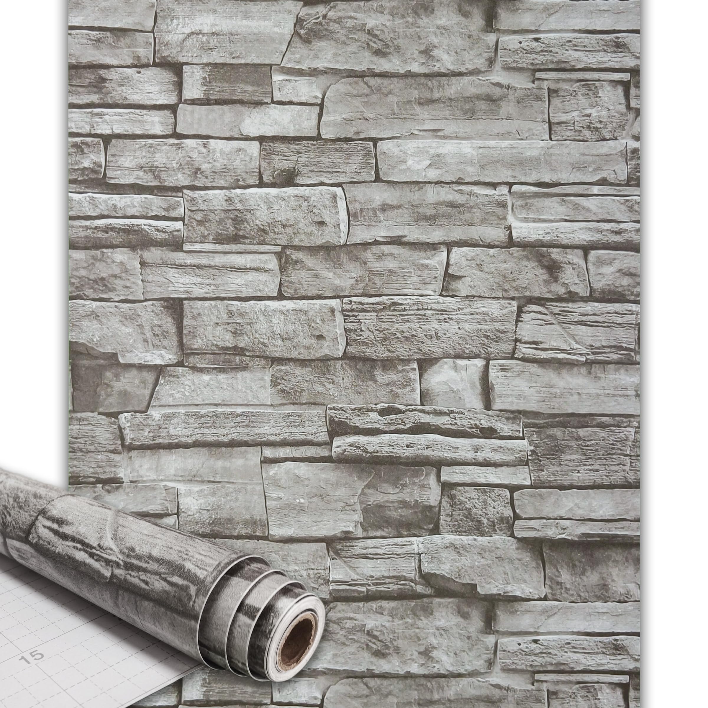 Qenlup Self Adhesive Brick Wallpaper 44.5x600cm Thick Stone Wall Paper 3D Retro Sticky Back Contact Papers for Living Room Bathroom Kitchen, Grey