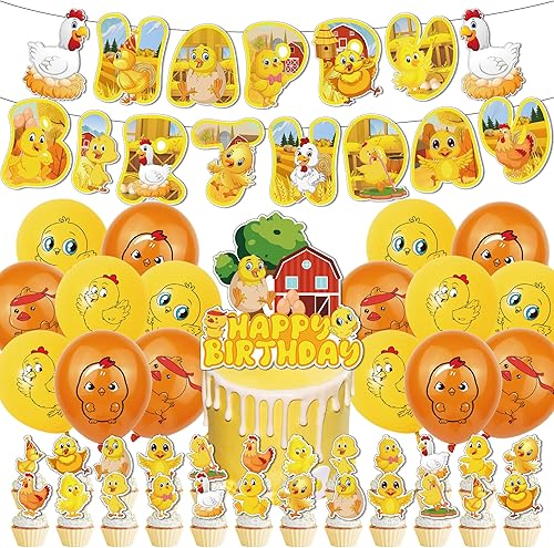 Decoraciones de fiesta de cumpleaños de animales de granja, animales de granja, suministros de fiesta de pollo, incluye pancarta de cumpleaños de