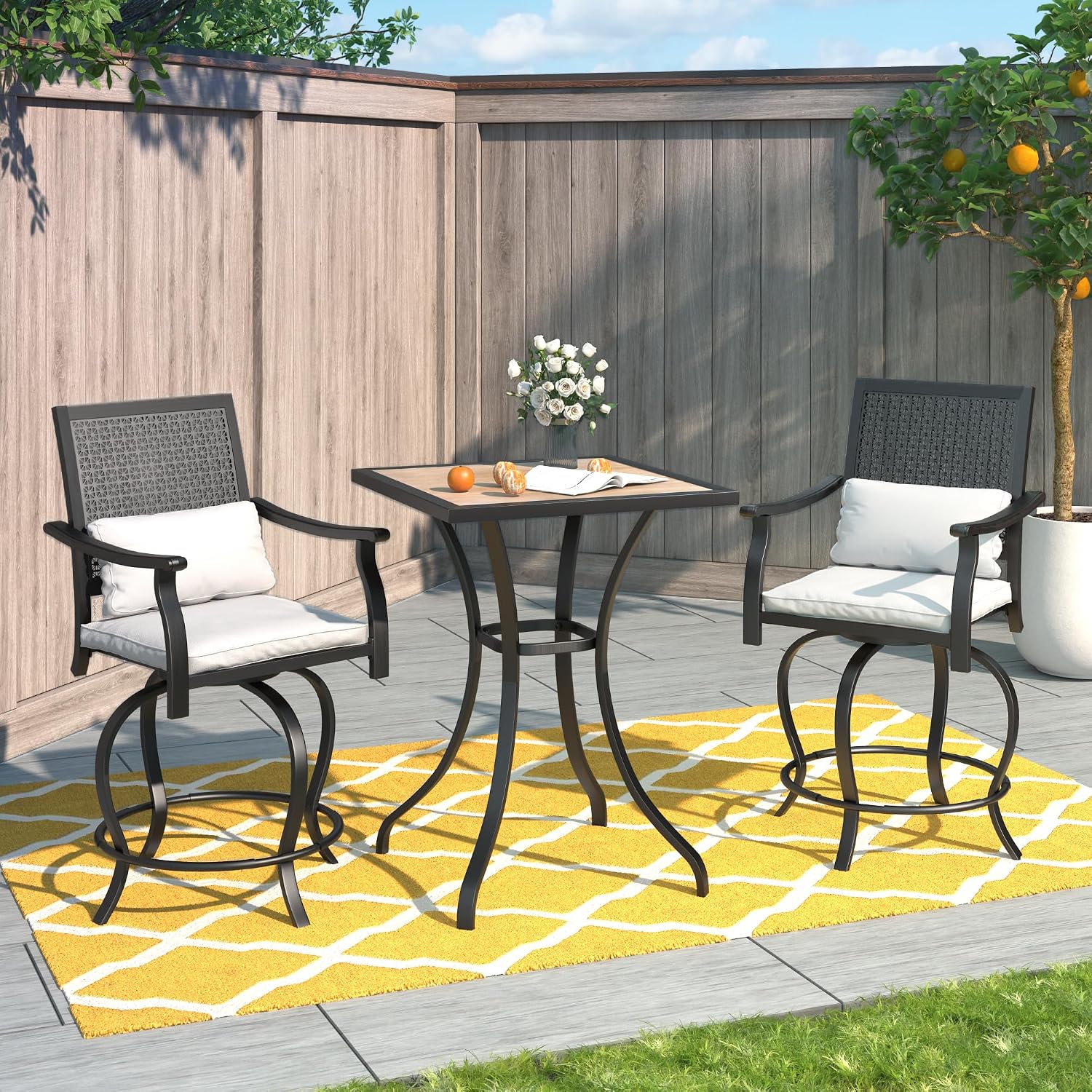 AECOJOY Outdoor Swivel Bar Stools Set of 2, Patio Bar Height Outdoor Chairs with Cushion & Pillow, All Weather Black Finish, Patio Stools for Outside, Beach, Lawn, Poolside and Garden
