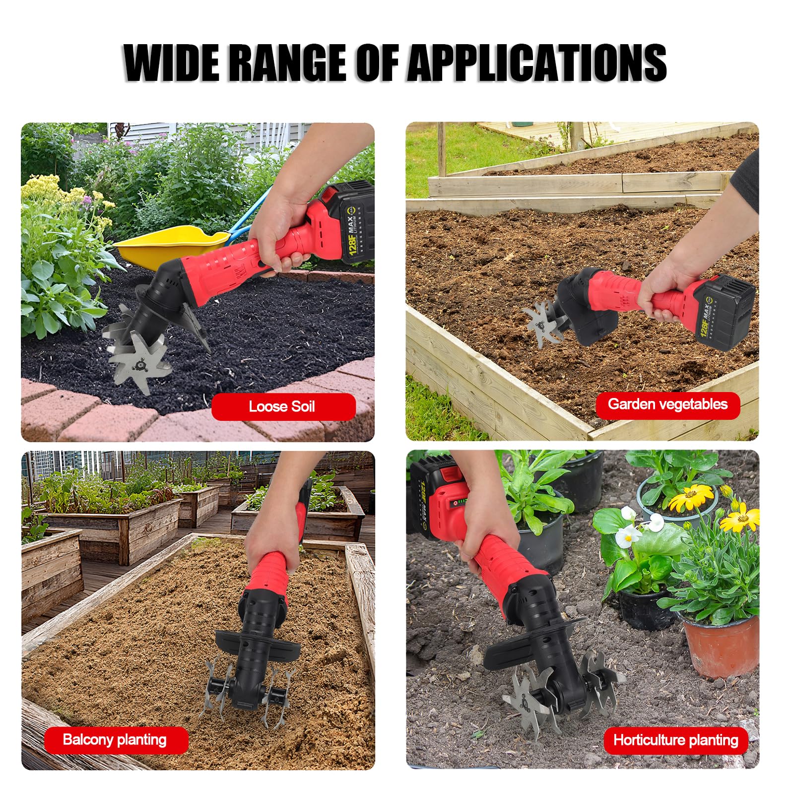 Mini Motobineuse sans Fil Cultivateur, Rotavator De Jardin électrique Portatif avec 2 * 3000mah Batterie, 235rpm, Largeur De Labour 10cm, Profondeur 12cm, Réglage à 3 Vitesses, Motobineuse