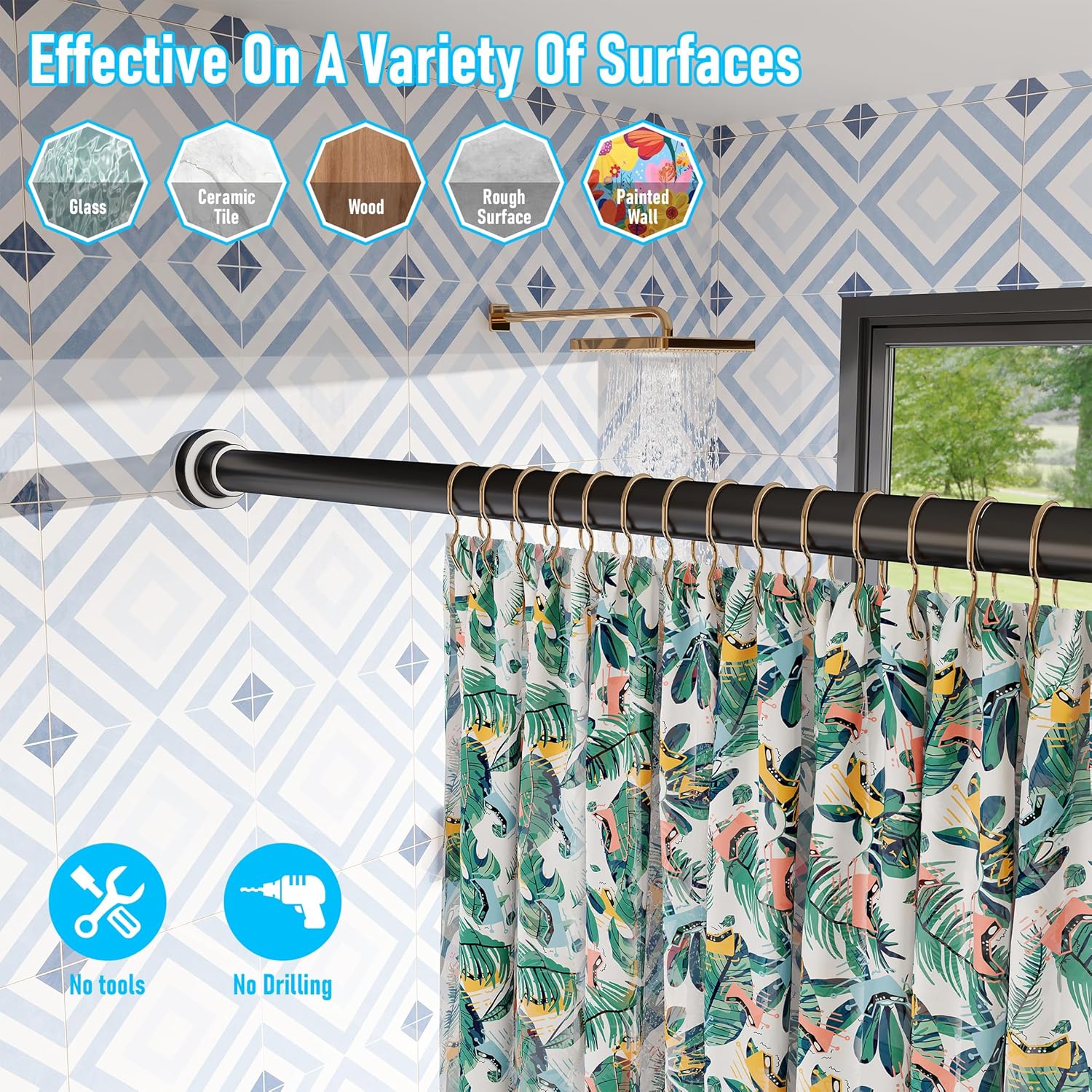 DYHOME Shower Curtain Rod, 1" Dia Heavy Duty Tension Shower Rod, 32-75 inch Adjustable Spring Tension Shower Curtain Rods for Bathroom, Shower Stall, Non Slip, No Rust, No Drill, Black