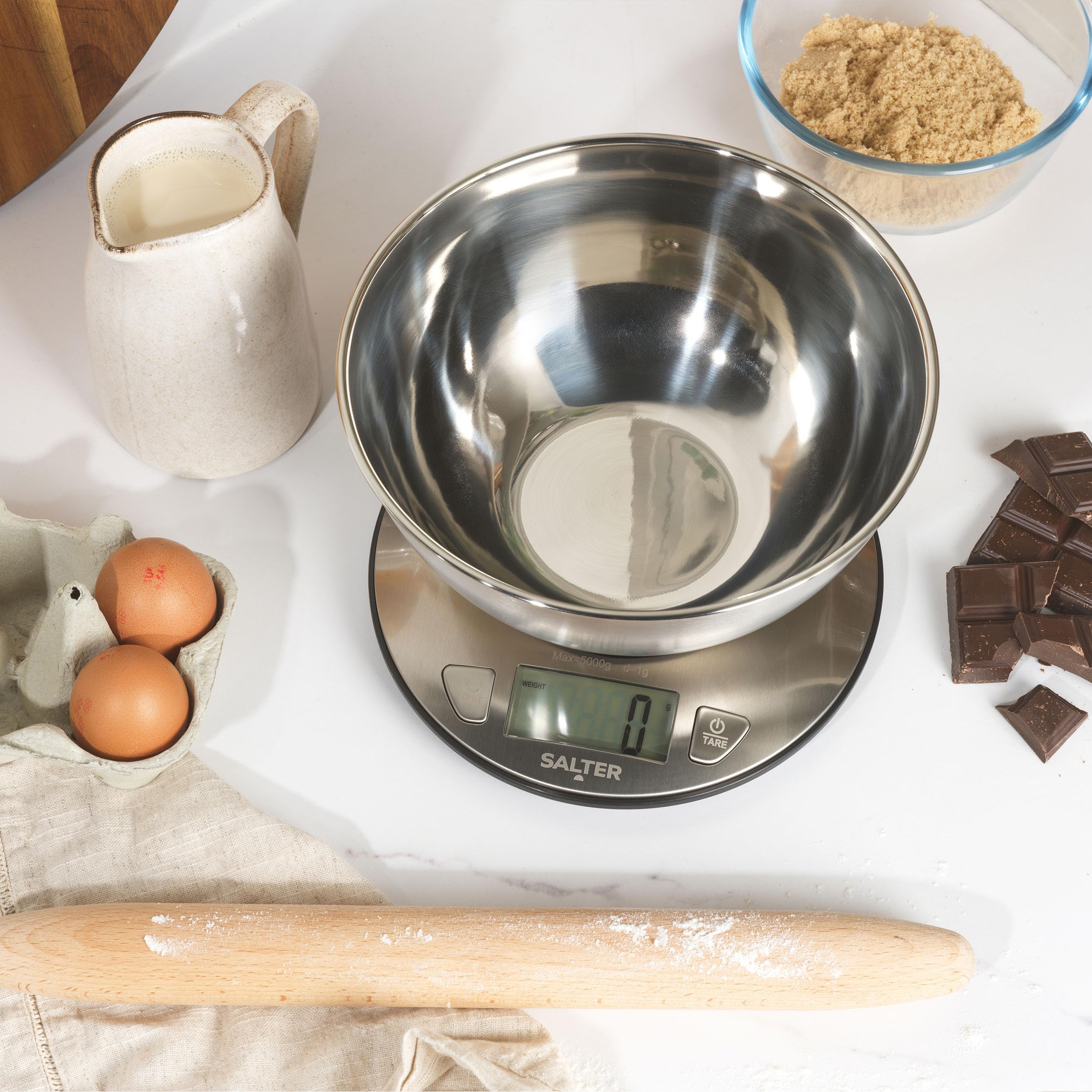 Salter Waga kuchenna z miską – wiele pomiarów, mierzy płyn, maksymalna pojemność 5 kg, stalowa miska 2 l, wyświetlacz LCD, stal nierdzewna, podwójne zastosowanie, idealna do pieczenia, gotowania,