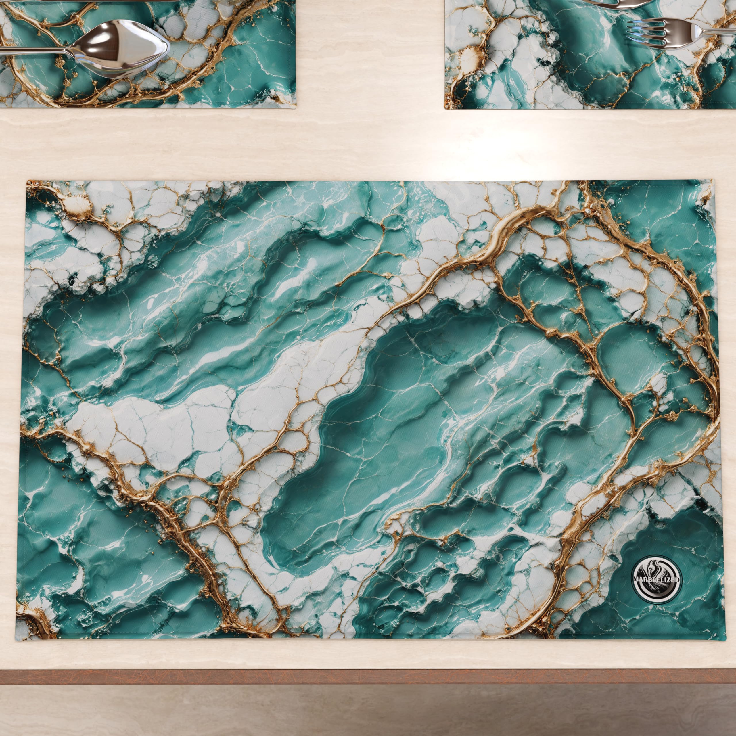 MARBLELIZED - Washable American Placemats, Blue Marble Effect Fabric Placemats, Set of 2 (30 x 45 cm) - Elegant, Ideal for Breakfast, Lunch and Dinner, Gift Idea, 100% Made in Italy