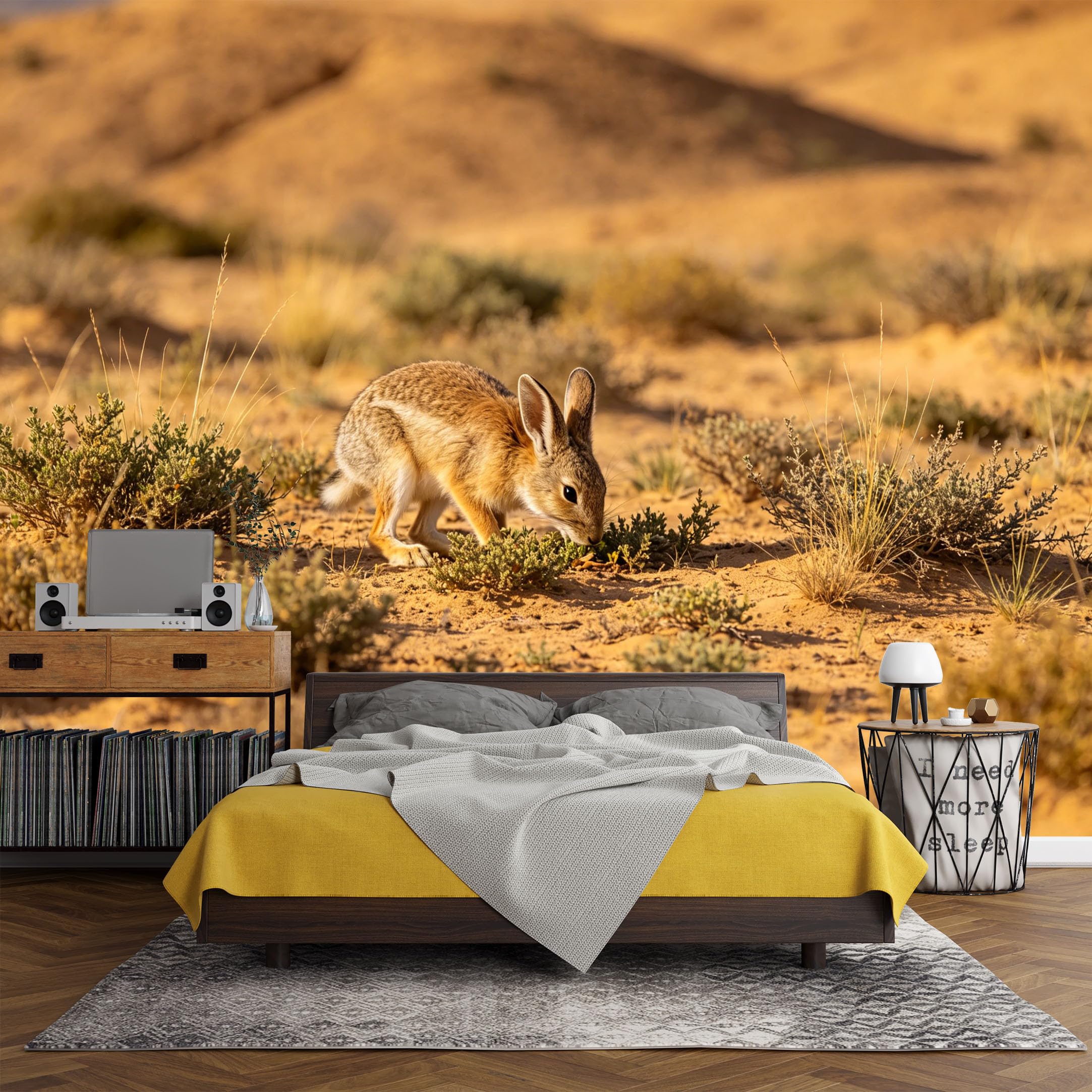 Custom Size Wall Mural， Desert Rabbit Wildlife Landscape Sand Dunes Nature Scene，SelfAdhesive Art Prints wall Fabric (No PVC) Removable Wallpaper Living Room Decor