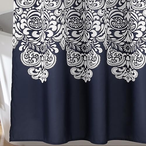 Miniatura 4 de Lush Decor, 72 x 72 pulgadas, cortina de ducha de medallón bohemio azul marino, diseño de damasco bohemio con borlas