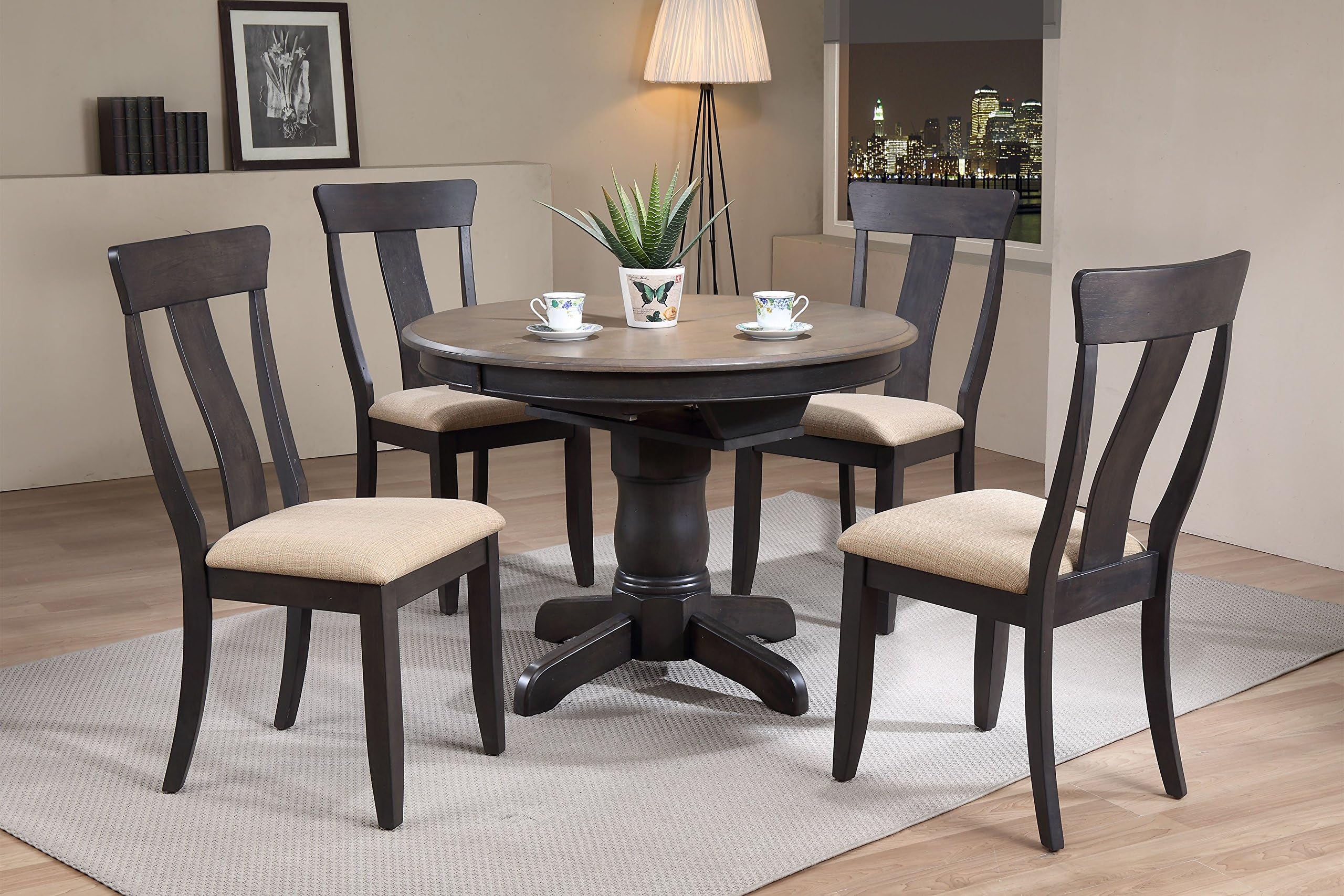 Iconic Furniture 5 Piece Round Panel Back Upholstered Dining Set, 42" x 42" x 60", Antiqued Grey Stone/Black Stone