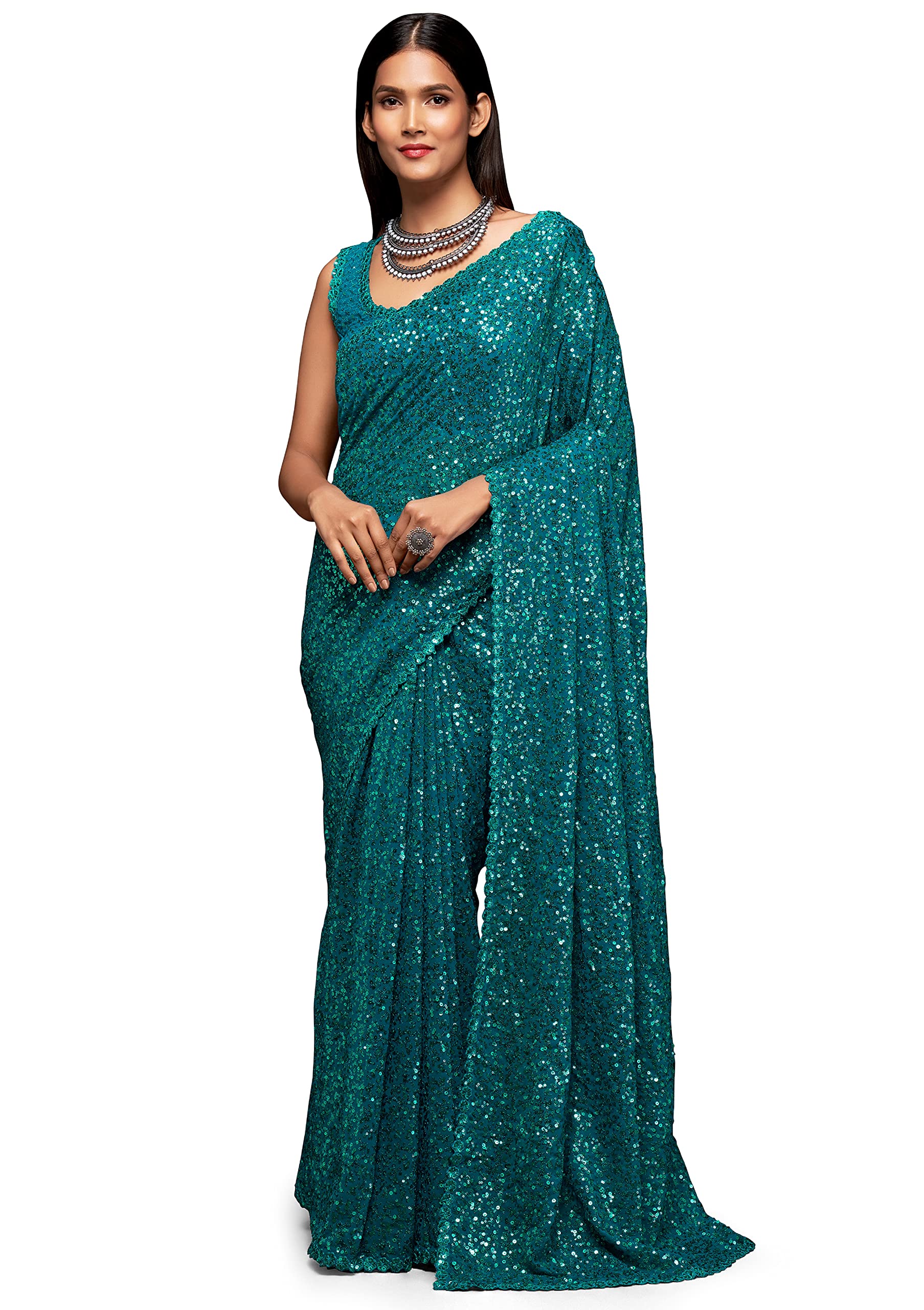 Women's Georgette Sequins work Saree with Unstitched Blouse Piece