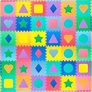 ProSource Kids Foam Puzzle Floor Play Mat with Shapes & Colors 36 Tiles, 12"x12" and 24 Borders
