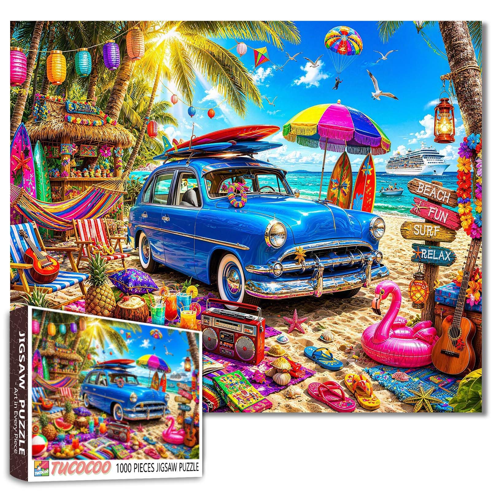 1000 Piece Jigsaw Puzzles for Adults Summer vacation Jigsaw Puzzle tropical beach 1000 Pieces Puzzles Game Beach Picnic Decor DIY Craft Bedroom Decor Puzzle Art