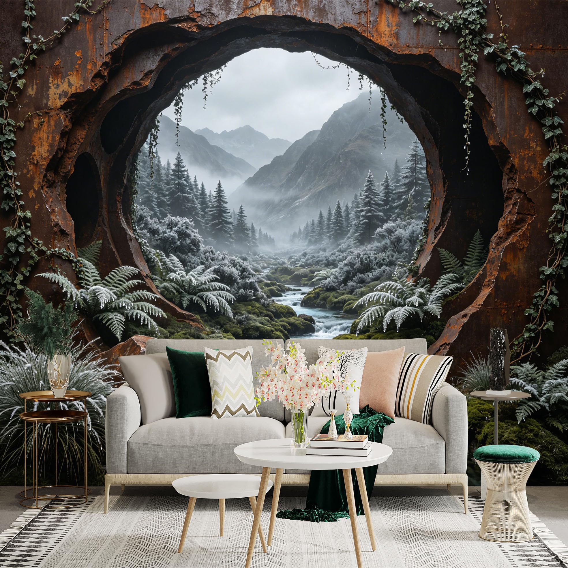 Custom Size Wall Sticker Mural， Frosty Forest River with Mountains and Rusty Archway， for wall Decoration， peelandstick wall Decals.