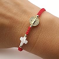 Vista 3 de Hand-Woven Thread Bracelet for Women with St. Benedict Medal and Small Nacre Cross - Adjustable Size and Perfect for Women Black