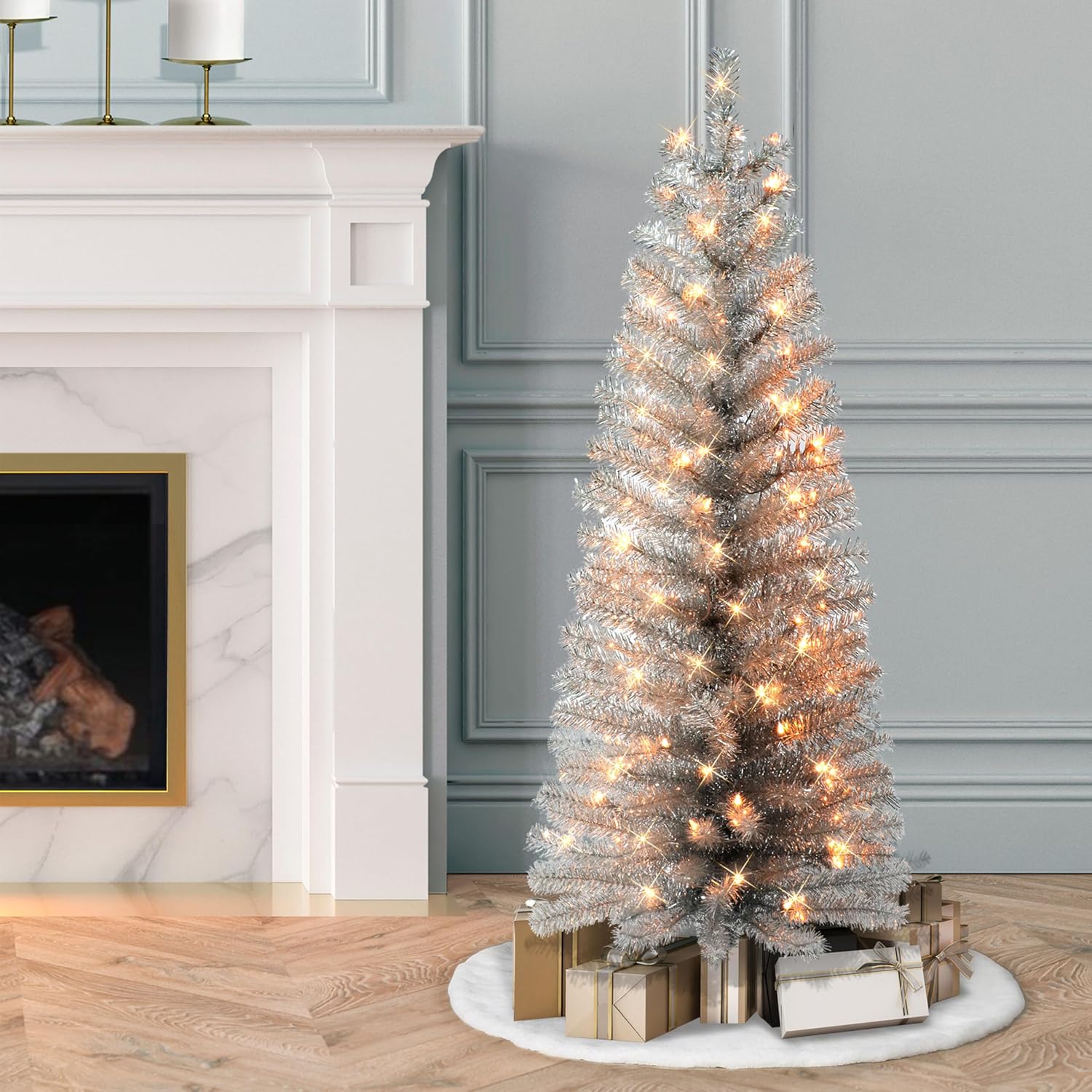 4.5 ft Pre-lit Silver Tinsel Tree, 160 Tips, 70 UL Clear Incandescent Lights