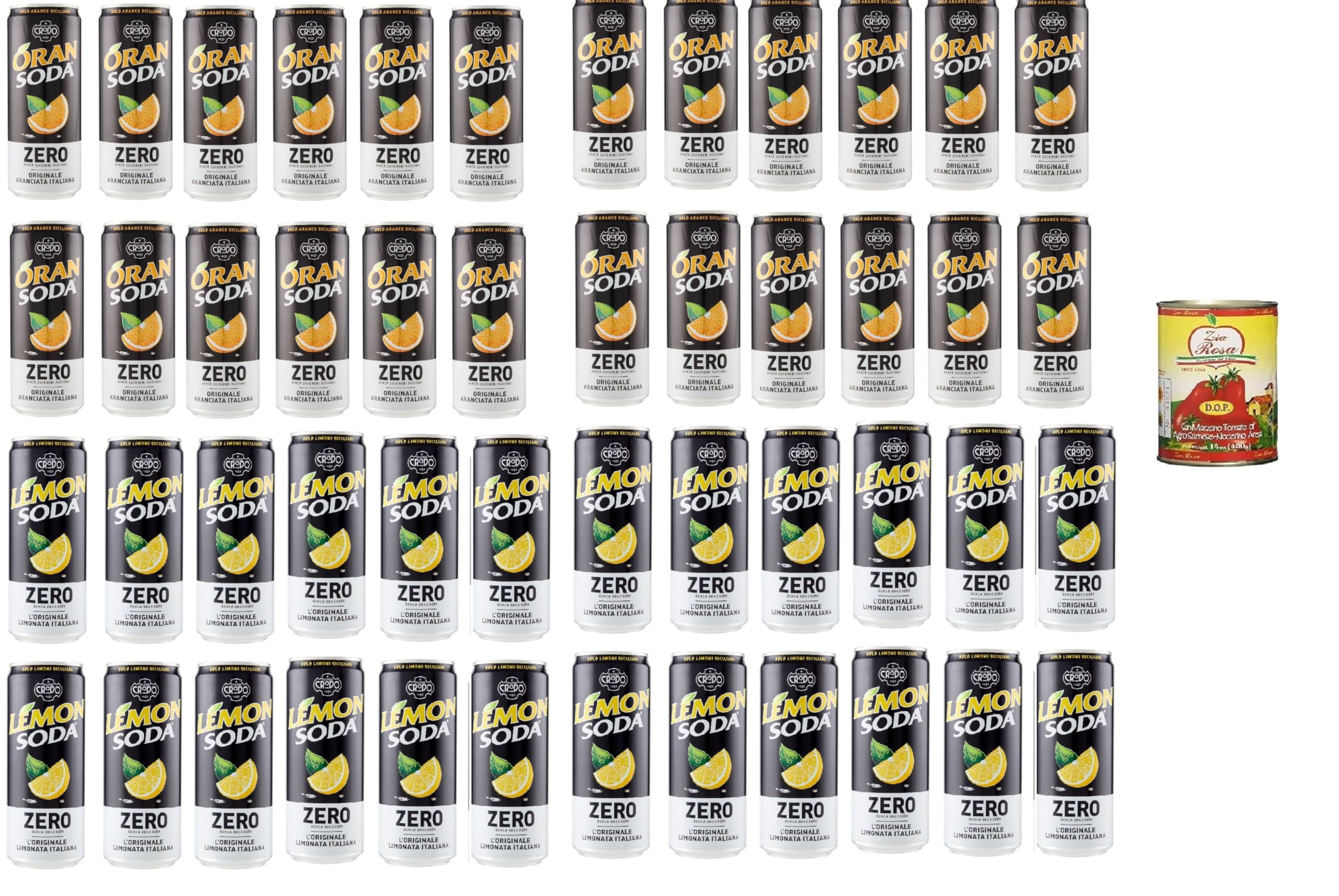 Testpaket 24x Lemonsoda zero + 24x Oransoda Zero Erfrischungsgetränk Orangenlemonade, Ohne Zuckerzusatz 33cl + Zia Rosa DOP Pomodoro San Marzano Tomate aus Kampanien Dose von 400g