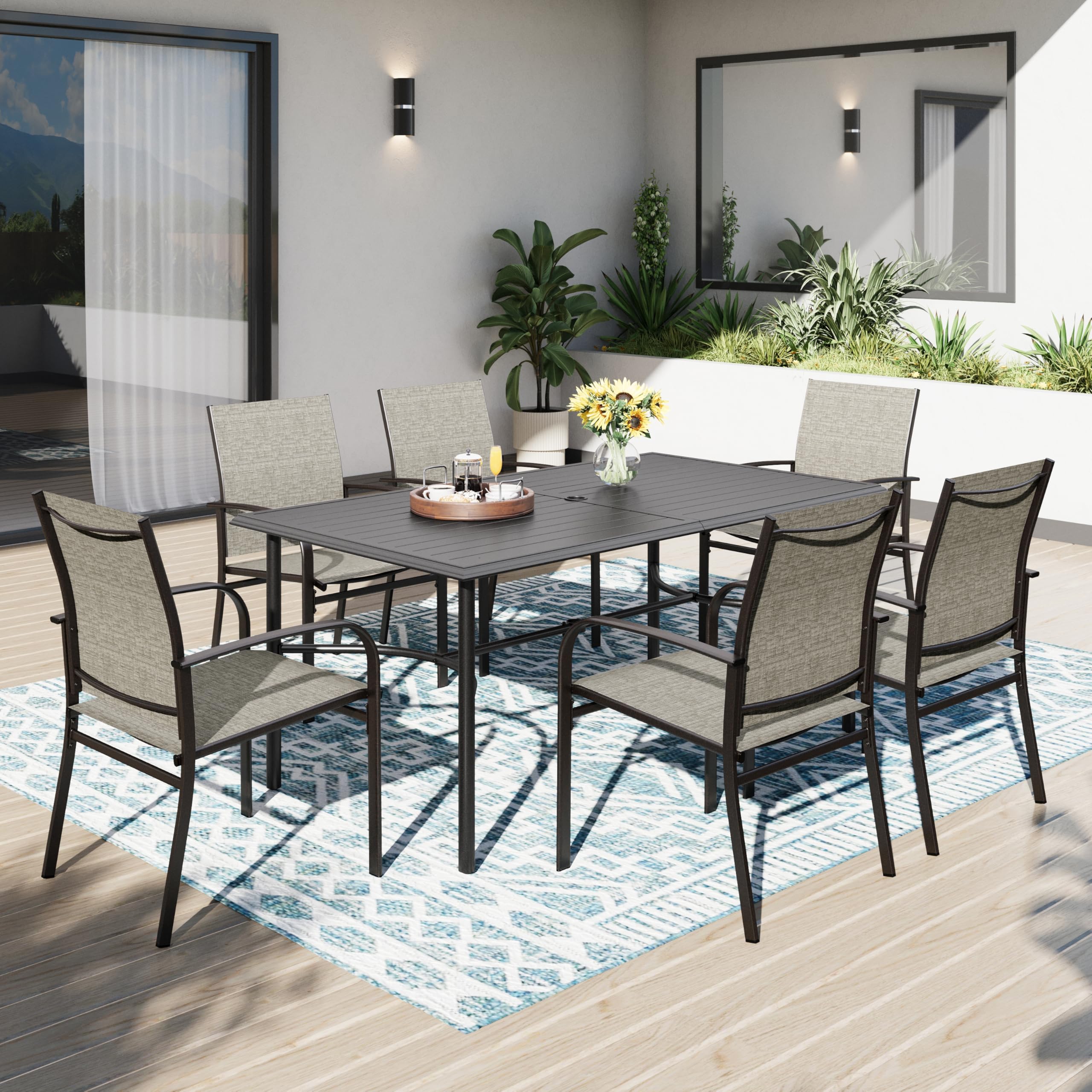 PHI VILLA Gartentisch mit Stühlen Garten Sitzgruppe mit 6 x Braune Textilene-Esszimmerstühle Schwarzer Rechteckiger Metall-Esstisch für Terrasse, Deck, Hof, Bistro