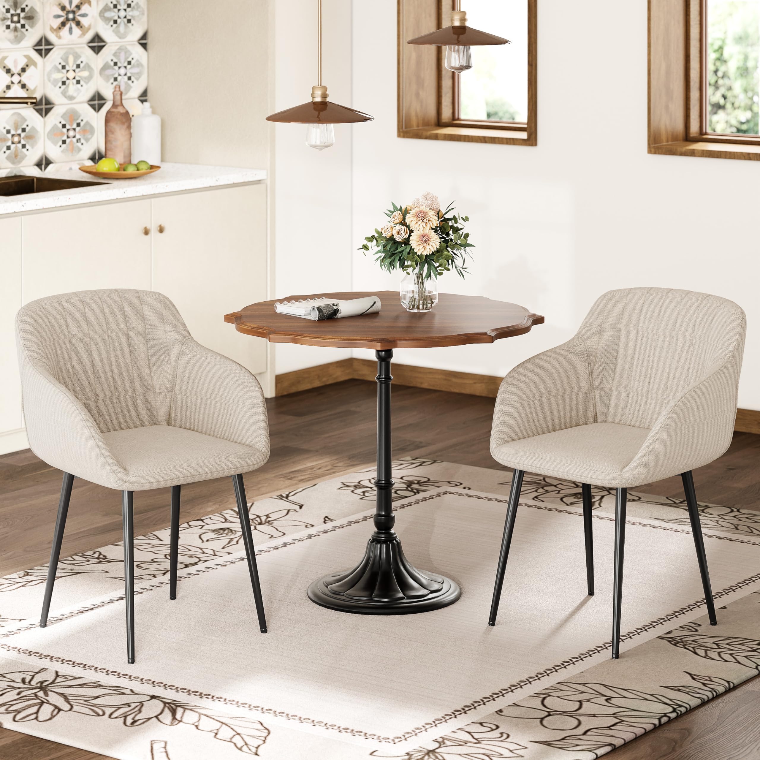 Lot de 6 Chaises Salle à Manger Beige avec Accoudoirs, Fauteuil Rembourré en Lin Pieds Métal