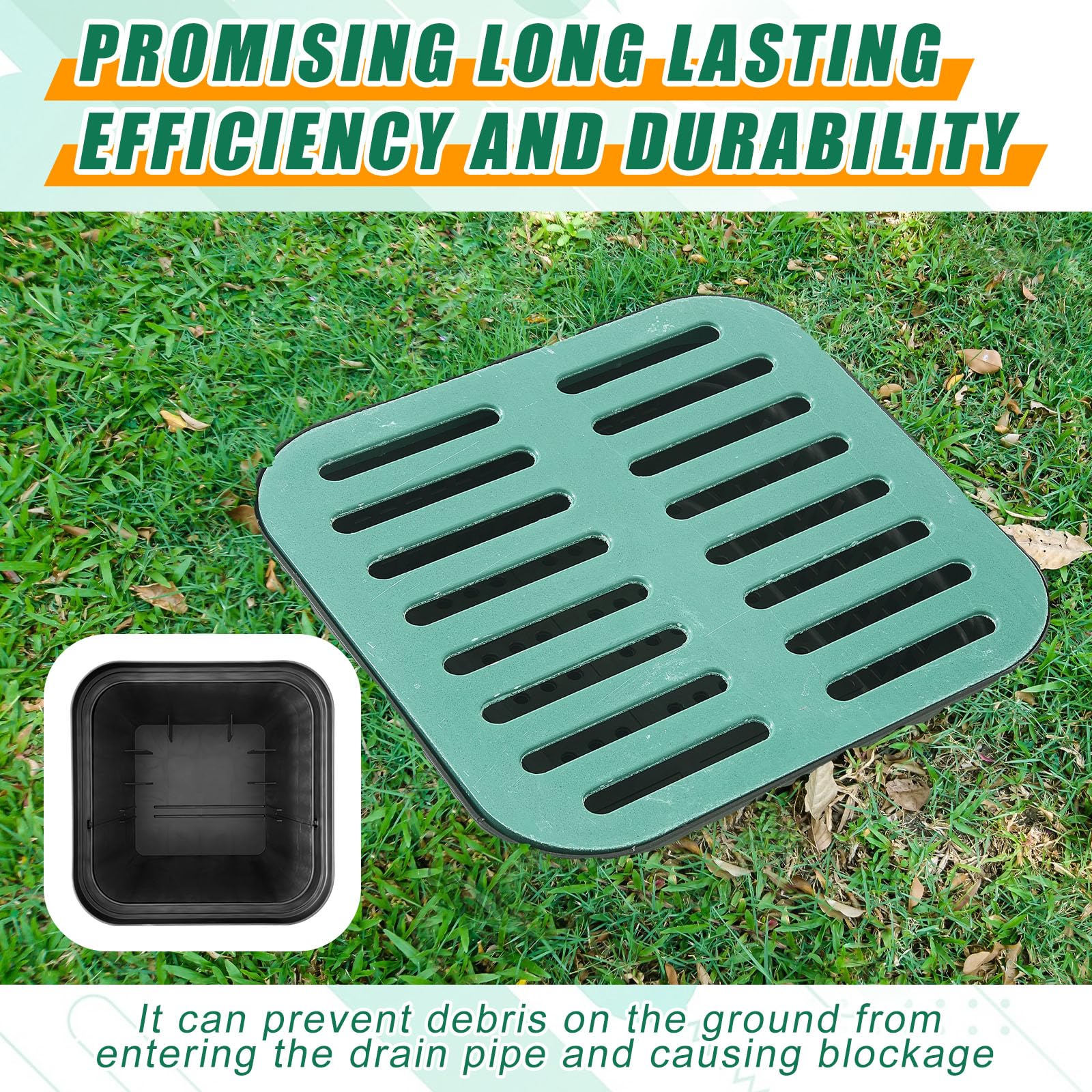 Cuenca de captura con rejilla de 15 x 15 pulgadas, cuadrada, grande, para drenaje con cesta de escombros, lavabo de drenaje francés sin agujero reservado para patio, bajante, césped, tubería
