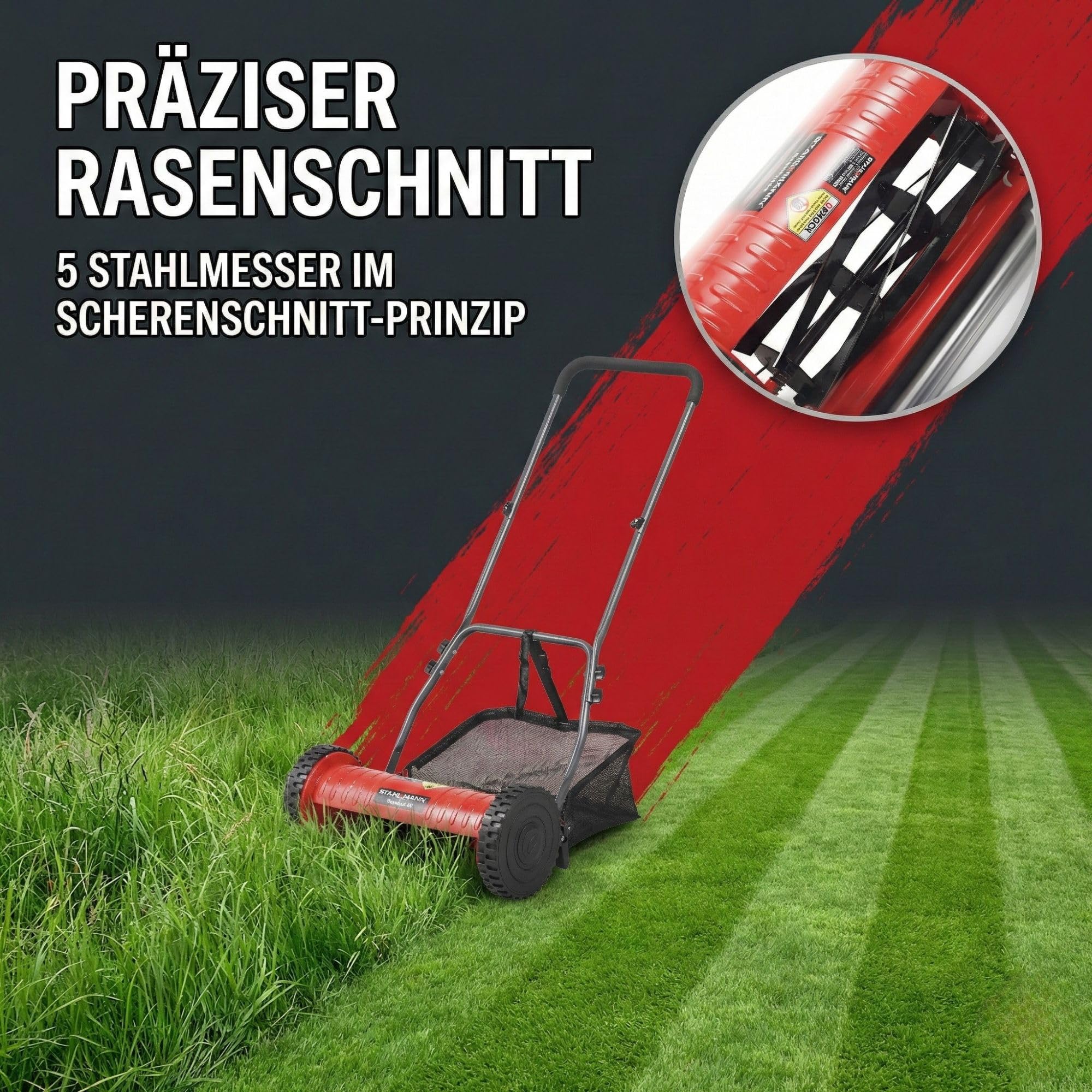 STAHLMANN Spindelmäher RoyalCut – Rasenmäher mit 40 cm Schnittbreite, 32 Liter Fangkorb, 4-stufige Schnitthöheneinstellung – Handrasenmäher manuell - leise und umweltfreundlich