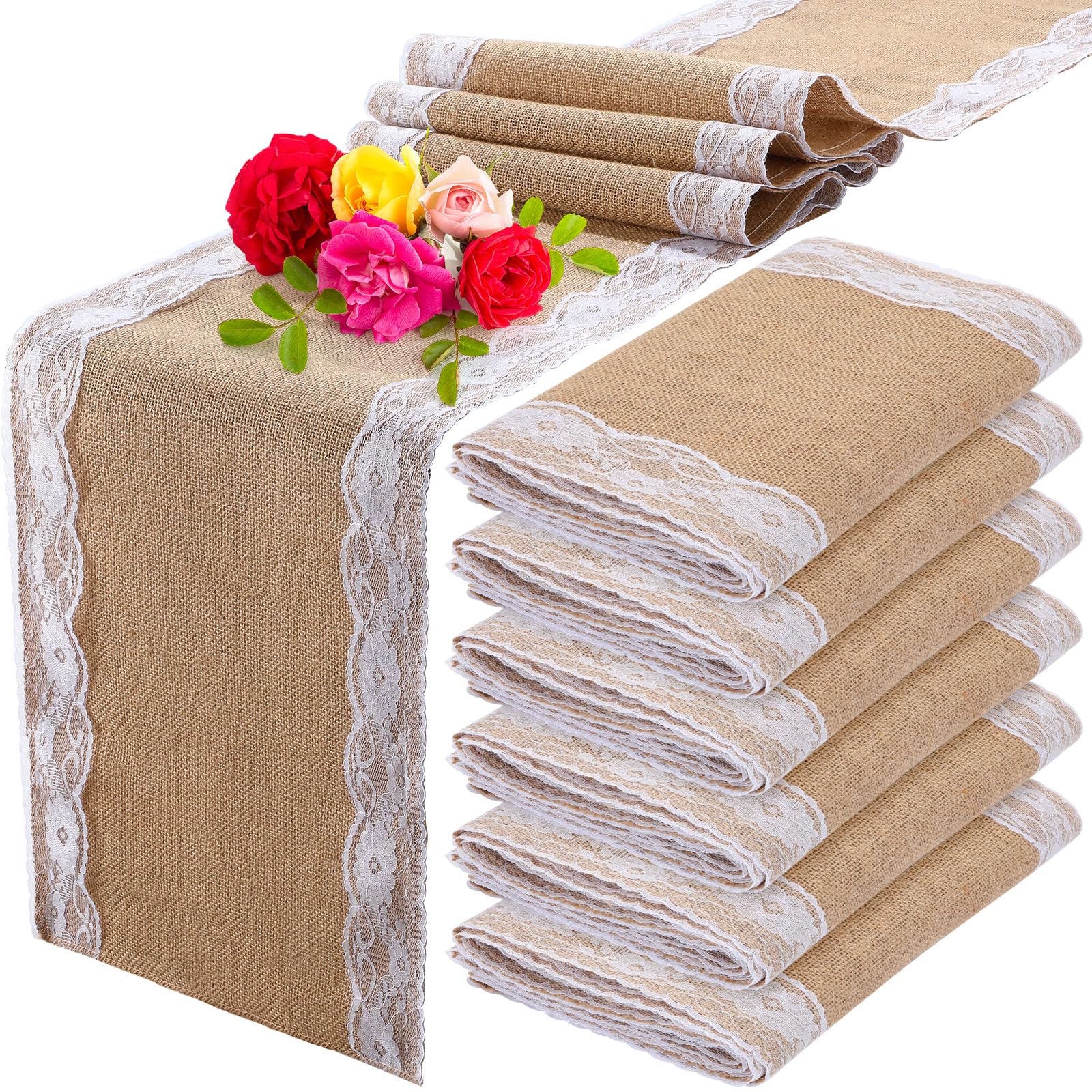 Photo 1 of Tatuo 12 Pcs Lace Burlap Table Runner 12'' x 72'' Rustic Jute Hessian Farmhouse Country Vintage Romantic Fabric Cloth for Country Wedding Birthday Party (Lovely)