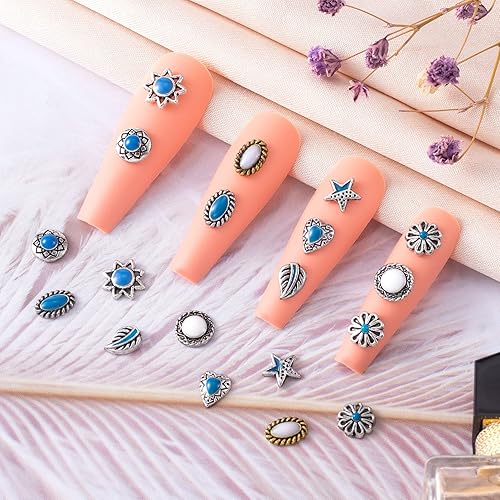 Miniatura 3 de 45 dijes de uñas occidentales turquesa 3D mezclados con mármol azul, gemas de arte de uñas, joyas de uñas de estrella y flor, accesorios para uñas