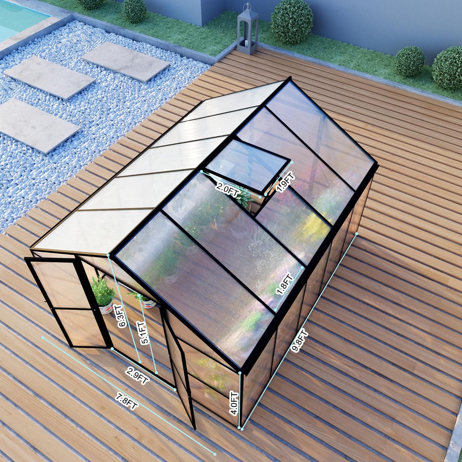8X10 FT Greenhouses for Outdoors, Aluminum Large Polycarbonate Greenhouse, Quick Setup Walk in Green House with Roof Vent and Swing Lockable Door for Outside, Black (119" W x 96" D x 77" H)