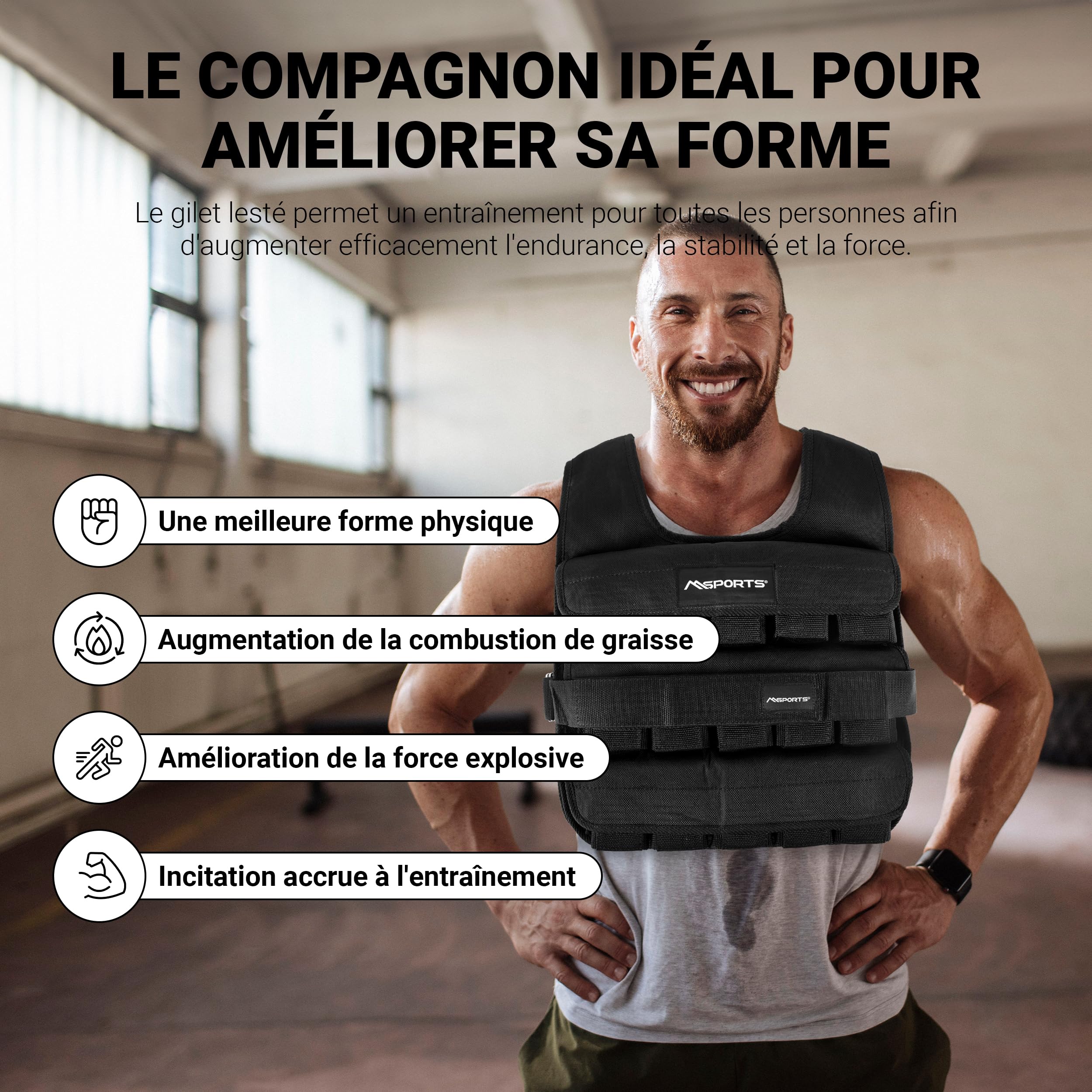 MSPORTS Gilet lesté de qualité supérieure, réglable de 5 kg à 30 kg, pour l'entraînement et la musculation