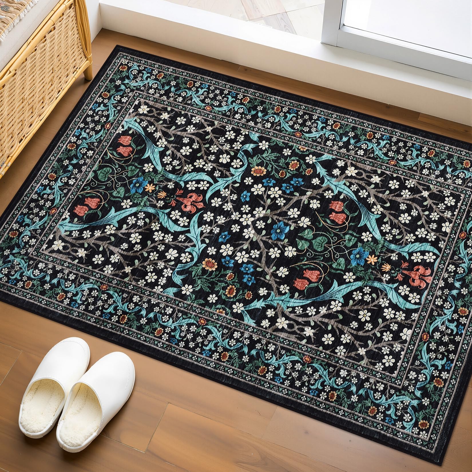 Floral Entryway Rug 60x100cm Black Washable Front Door Entry Throw Black โ image 1