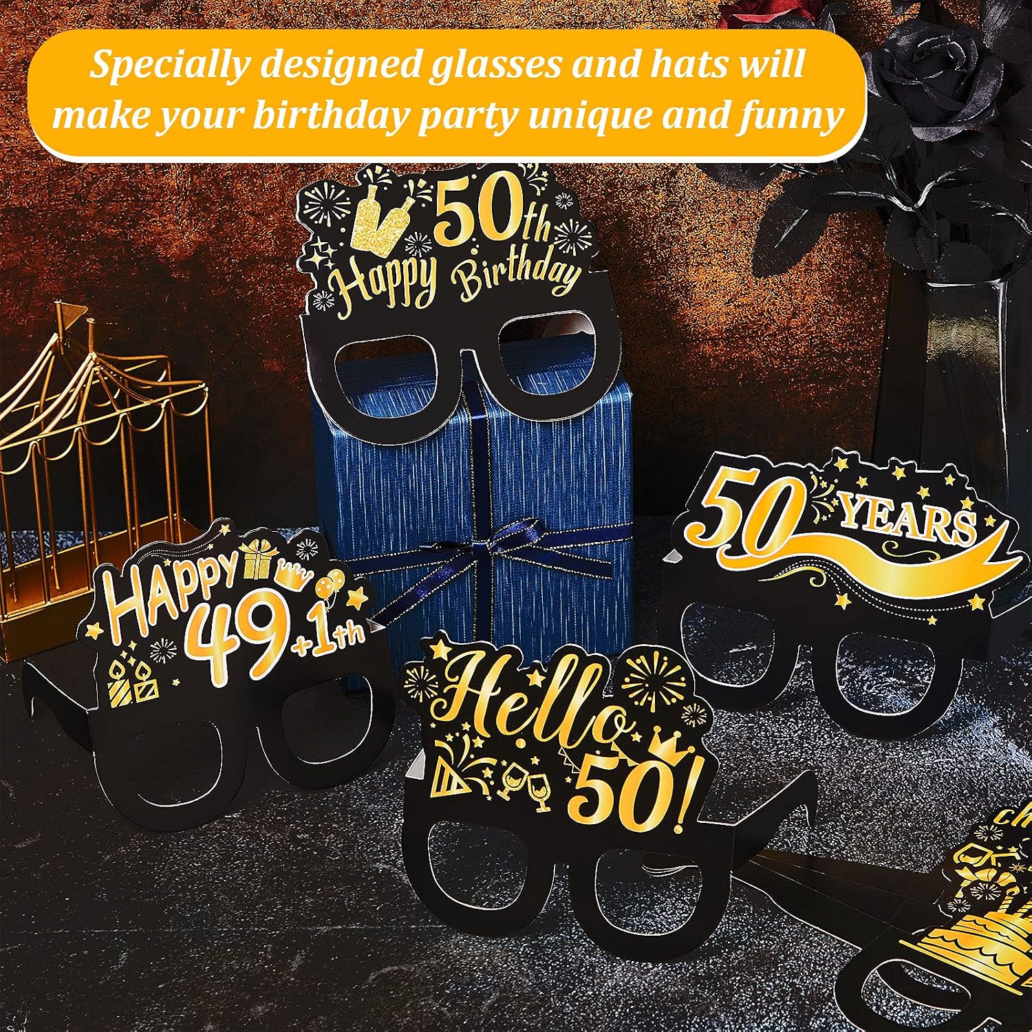 26 Pieces 50th Birthday Party Decoration Glasses and Hats Kits Black Gold Theme Paper Eyeglasses and Hats Funny Glasses and Hats Costume Accessories 50th Birthday Party Supplies for Men and Women image 3