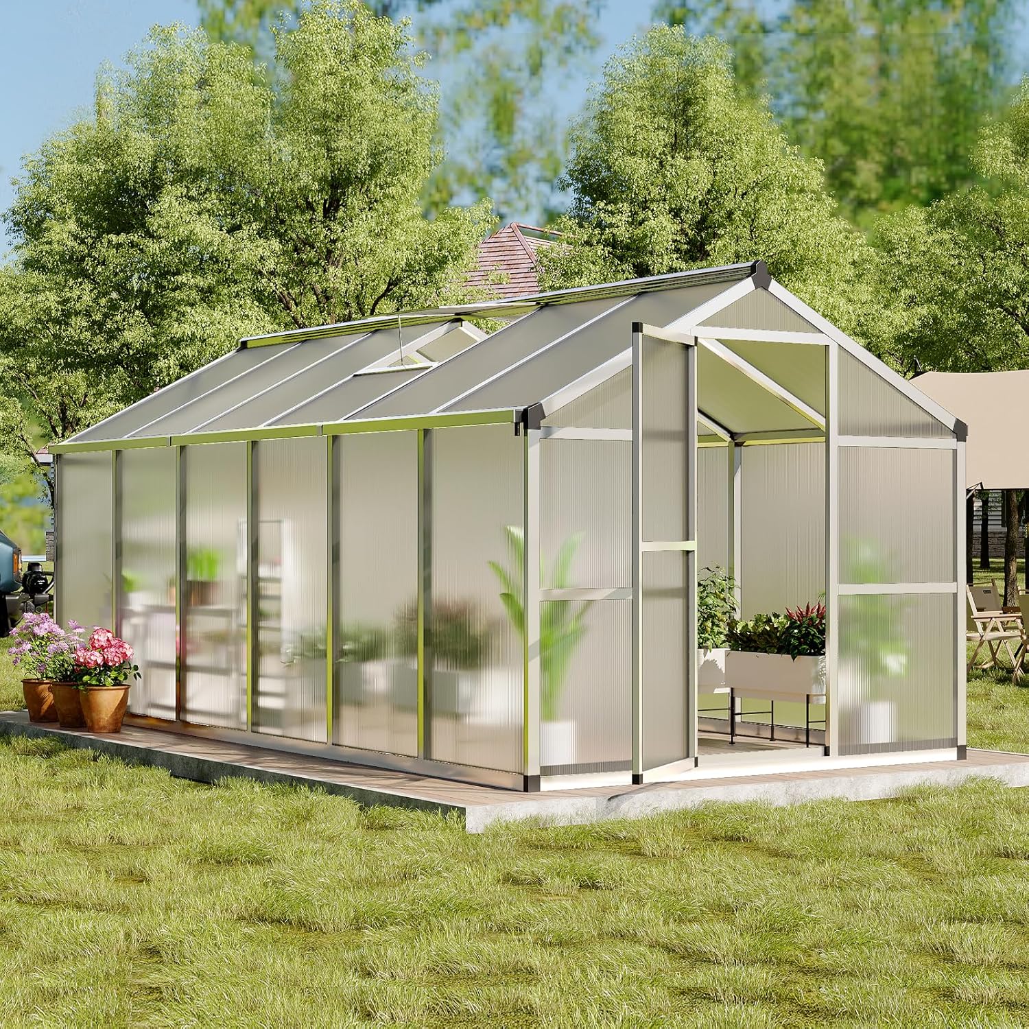 8x12 Ft Outdoor Greenhouses, Greenhouse Kit, Portablee Greenhouses with Ground Nails and Vent Windows, Sliding Lockable Door, Polycarbonate Green House for Outside Garden Backyard, White