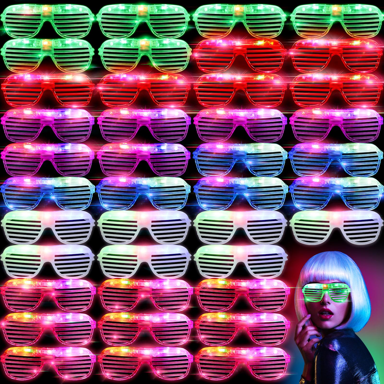 Honoson 72 Pairs of Led Glasses Light Up Shutter Shades Glow in the Dark Neon Rave Flashing Glasses for Adults