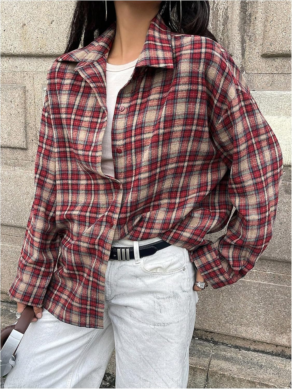 GORGLITTER Women's Gingham Plaid Shirt Oversized Long Sleeve Button Down Collared Boyfriend Casual Streetwear Blouse - Image 4