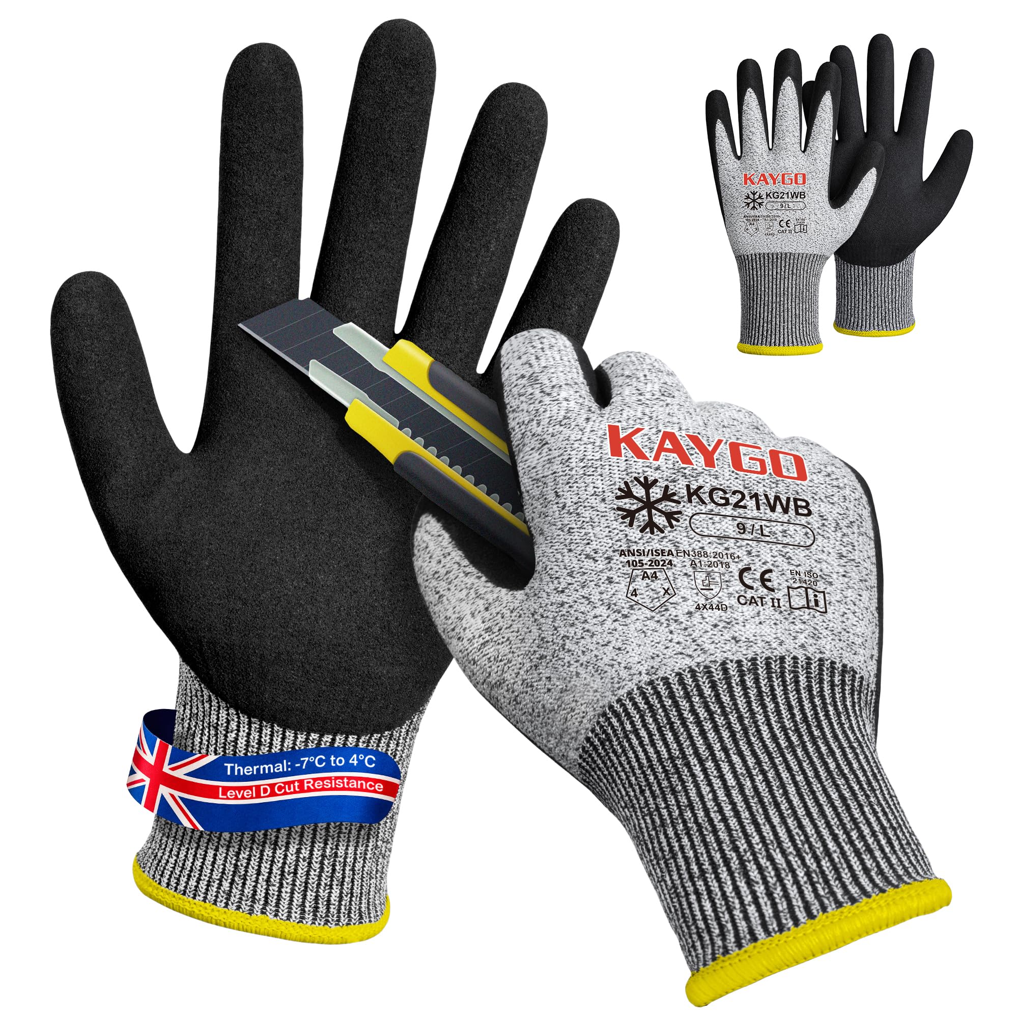 KAYGO Thermal Safety Work Gloves Sandy Nitrile Coated 2 Pairs, KG21W