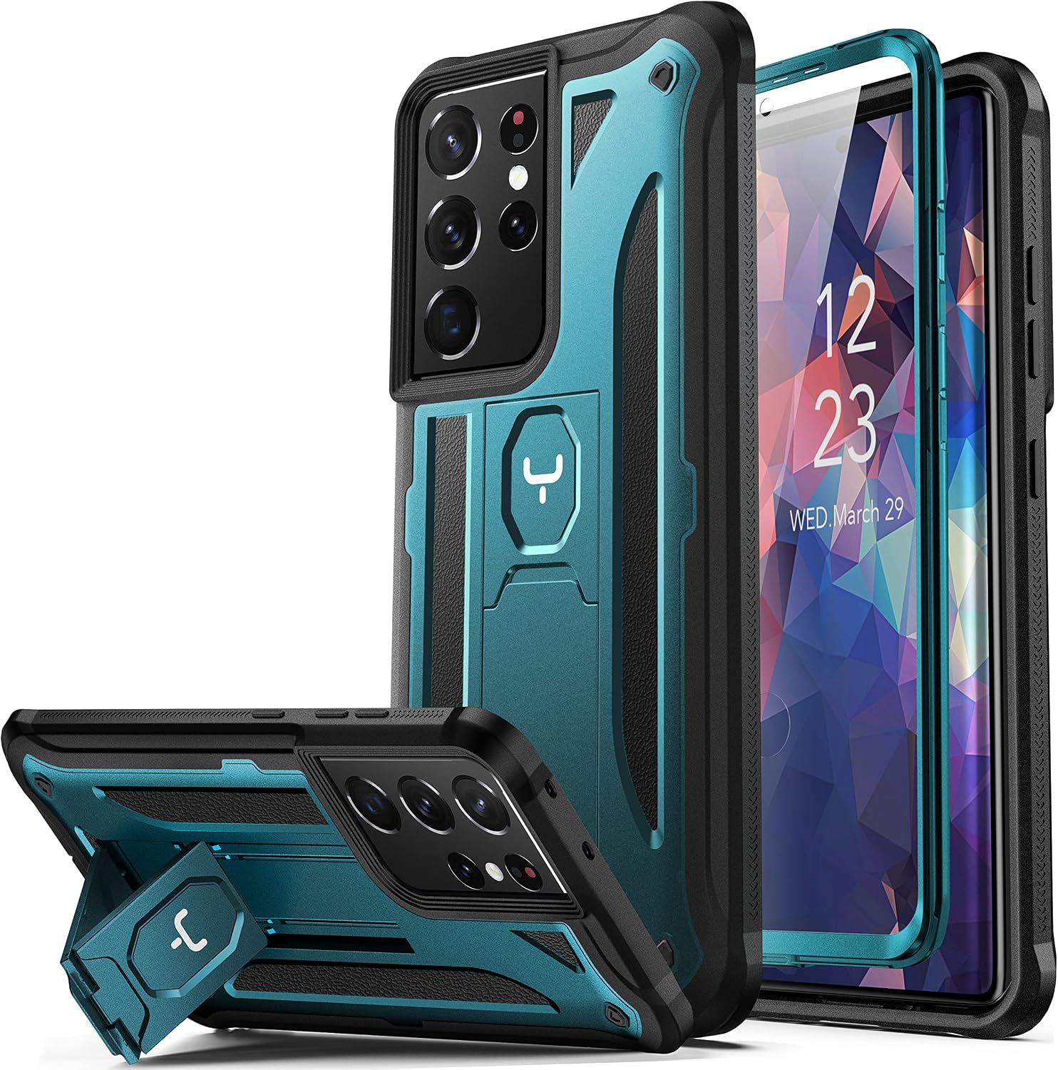 YOUMAKER Compatible with Galaxy S21 Ultra Case with Built-in Screen Protector Work with Fingerprint ID, Kickstand Full Body Shockproof Rugged Cover for Samsung Galaxy S21 Ultra 6.8 inch-ForestGreen
