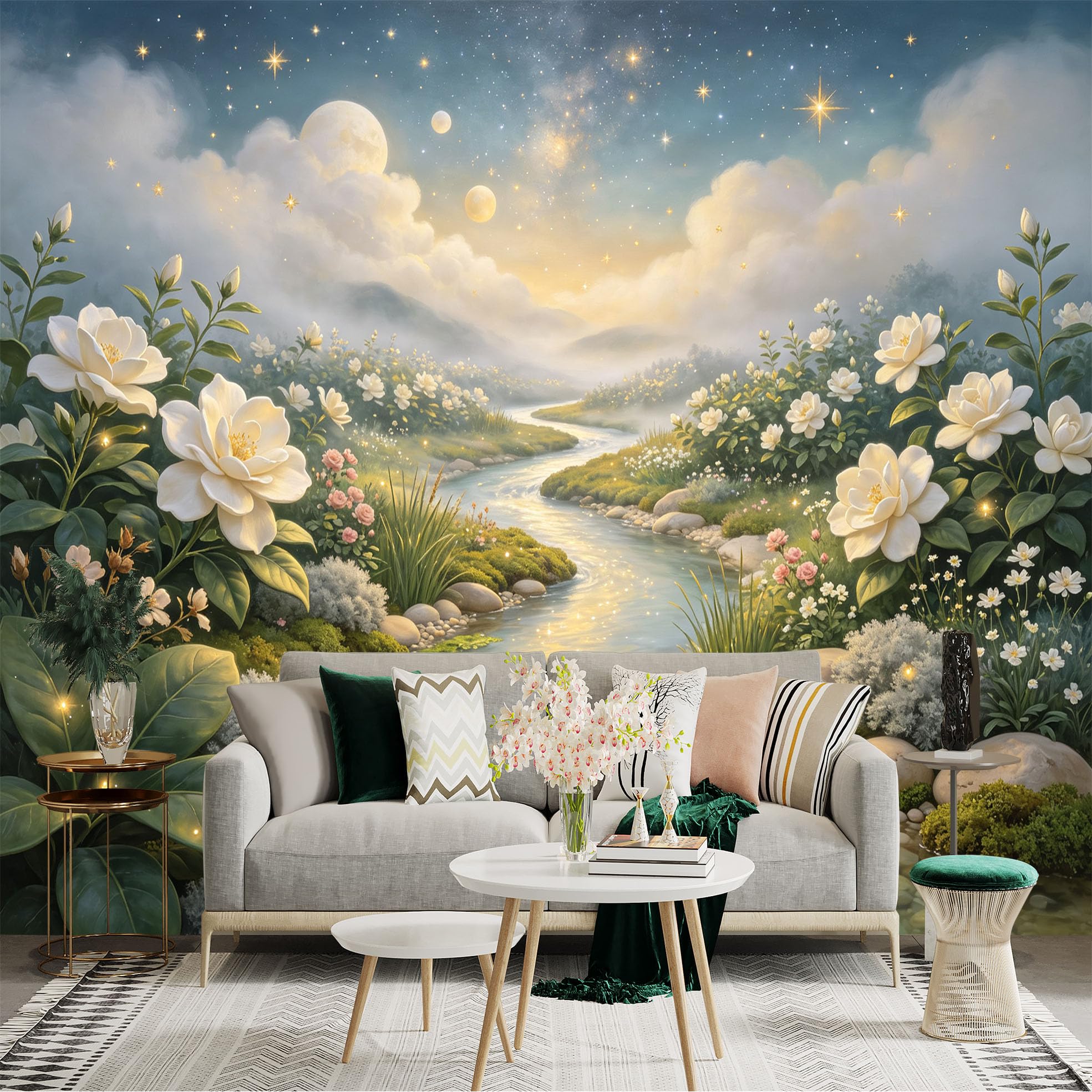 Lnzczhyre Bh260719408 Custom Size Wall Sticker Mural， Dreamy White Flower Garden With Sparkling River， Celestial Night Sky， Magical Botanical Landscape， For Wall Decoration， Peelandstick Wall Decals.