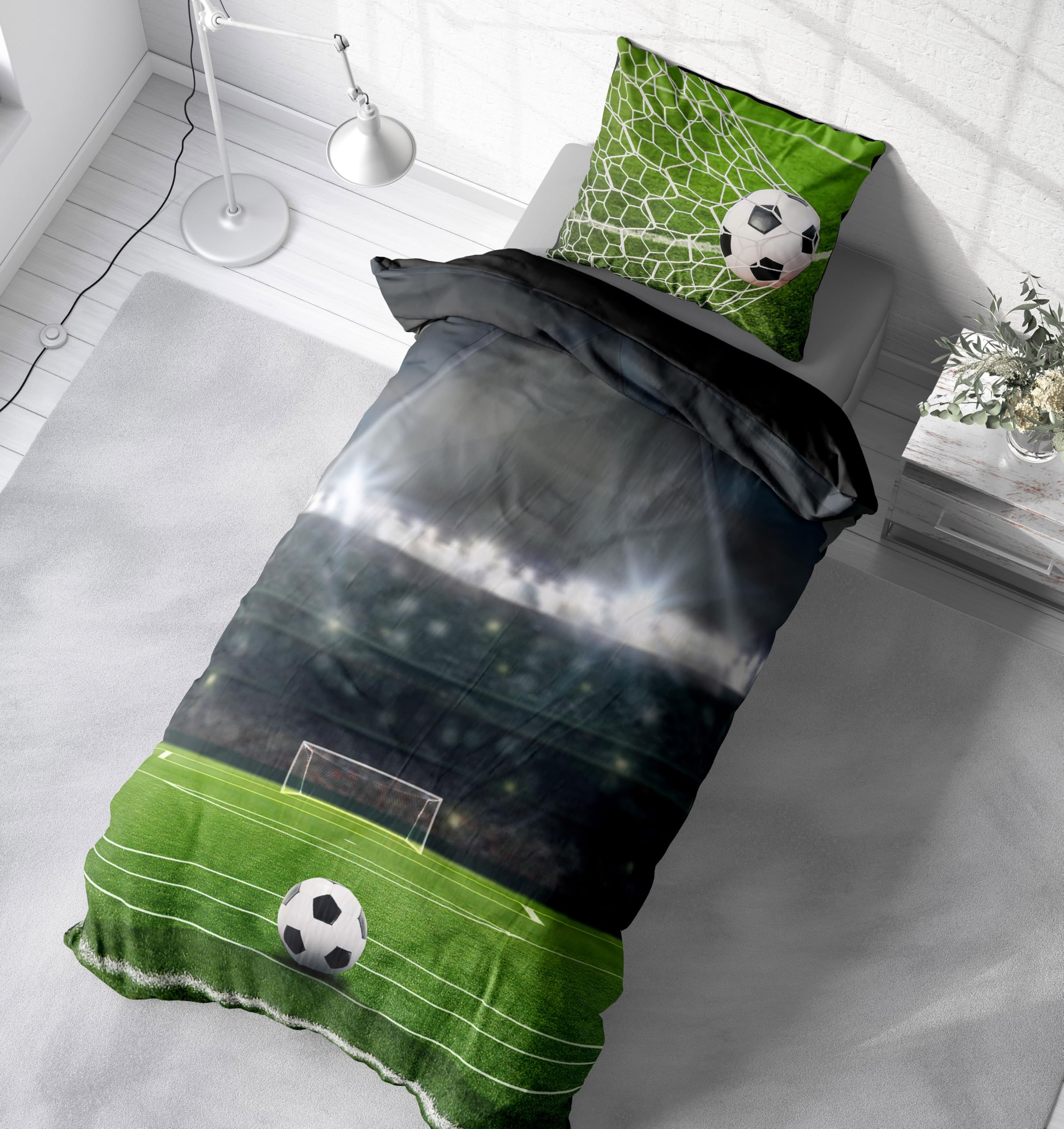 Bettwäsche 135x200 cm Mikrofaser Bettbezug Kinderbettwäsche Fotodruck modern weich und kuschelig knitterfrei für Sommer und Winter geeignet, Farbe:Fußball Stadion grün, Größe:2 teilig 135x200 cm