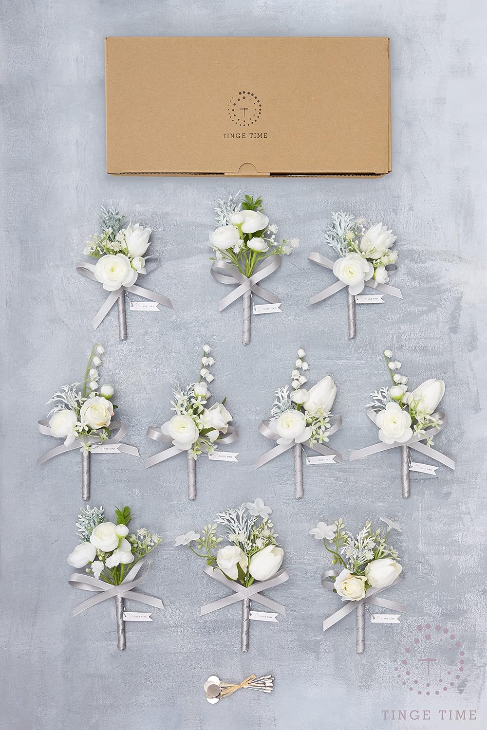TINGE TIME Boutonniere for Men Wedding,Groom and Best Man Boutonniere for Wedding Ceremony Anniversary, Formal Dinner Party and Rustic Spring Wedding Marriage (10, White)