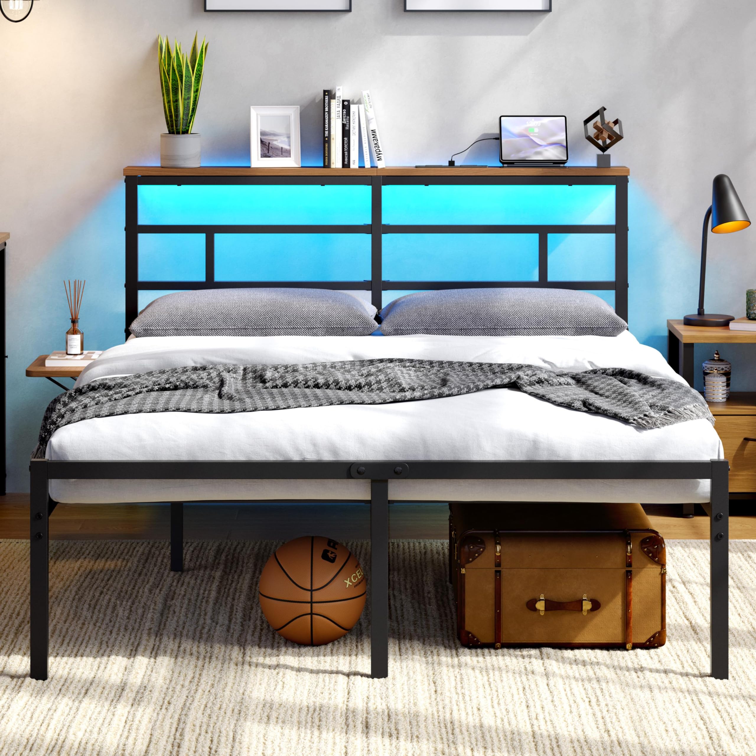 Yaheetech Double Metal Bed Frame with LED Lights, 135 x 190 cm Bed Frame with Charging Station, Wooden Storage Headboard, Easy Assembly, Black