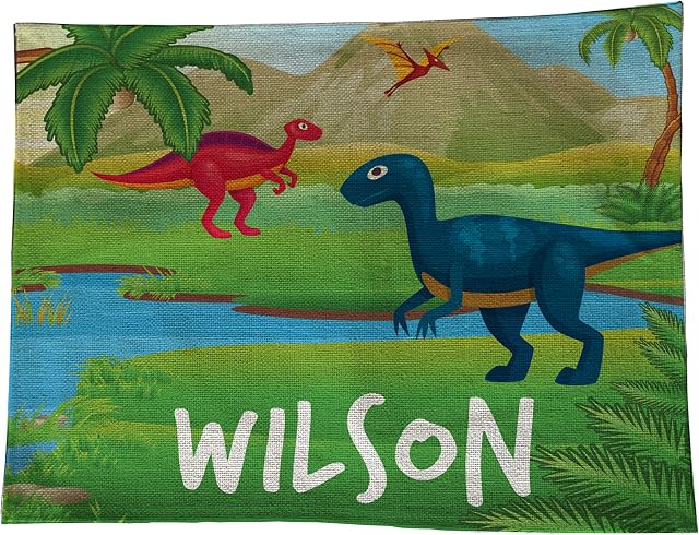 MakeThisMine Personalised Kids Placemat Dinosaur 1 Design Linen Style Reusable Non Slip Lunch Dinner Table Meal Mat Children's Name Printed Home Birthday Christmas Any Occasion Gift