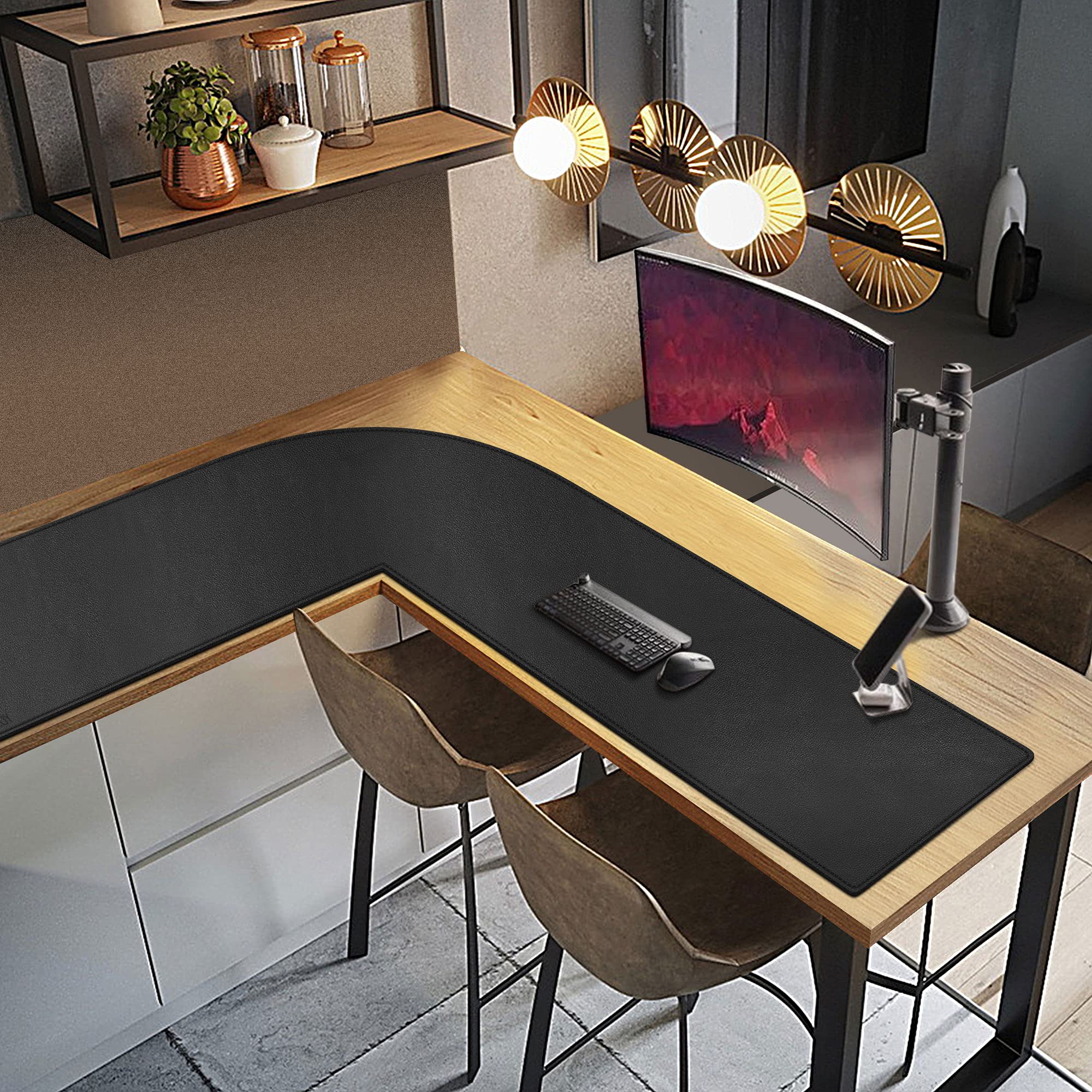 Cacoy Sottomano a forma di L, Tappetino da Scrivania per Computer Angolare in pelle PU, Tappetino per Mouse da Gioco Copertura Protettiva da Tavolo Impermeabile, (137+150) x40cm, (Nero)