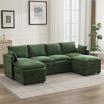 80" Cloud 3 Seater Sectional Modular Couch with 2 Storage Ottoman, Upholstered Storage Sofa Deep Seat, Chenille U Shape Sofa Comfy Couches with Armrests for Small Space, Living Room, Green