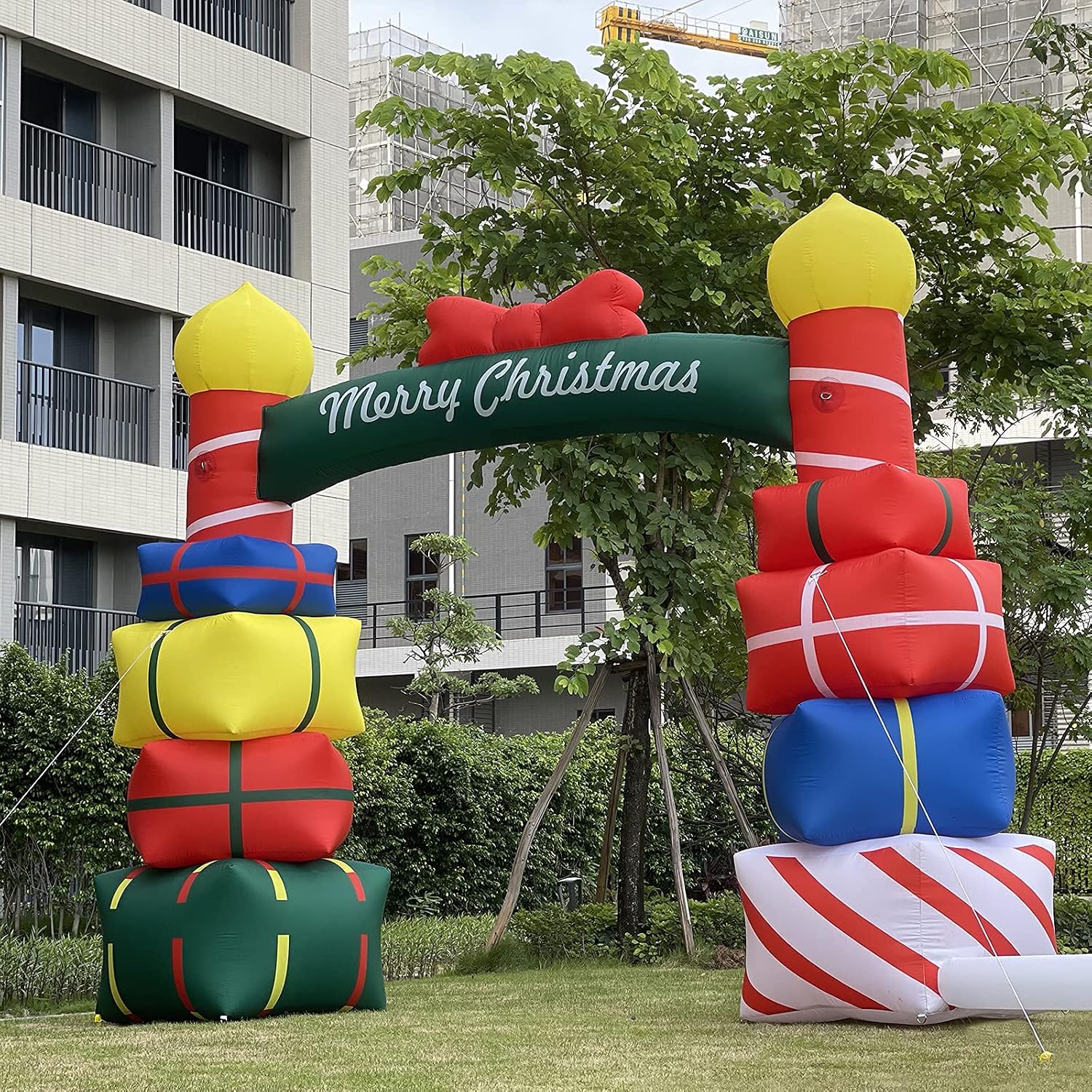 OZIS 10Ft Tall Lighted Inflatable Stacked Colorful Boxes Archway with Red Bow - Lights Outdoor Indoor Holiday Decorations - Blow up Yard Giant Lawn Inflatables Home Family Outside Decor