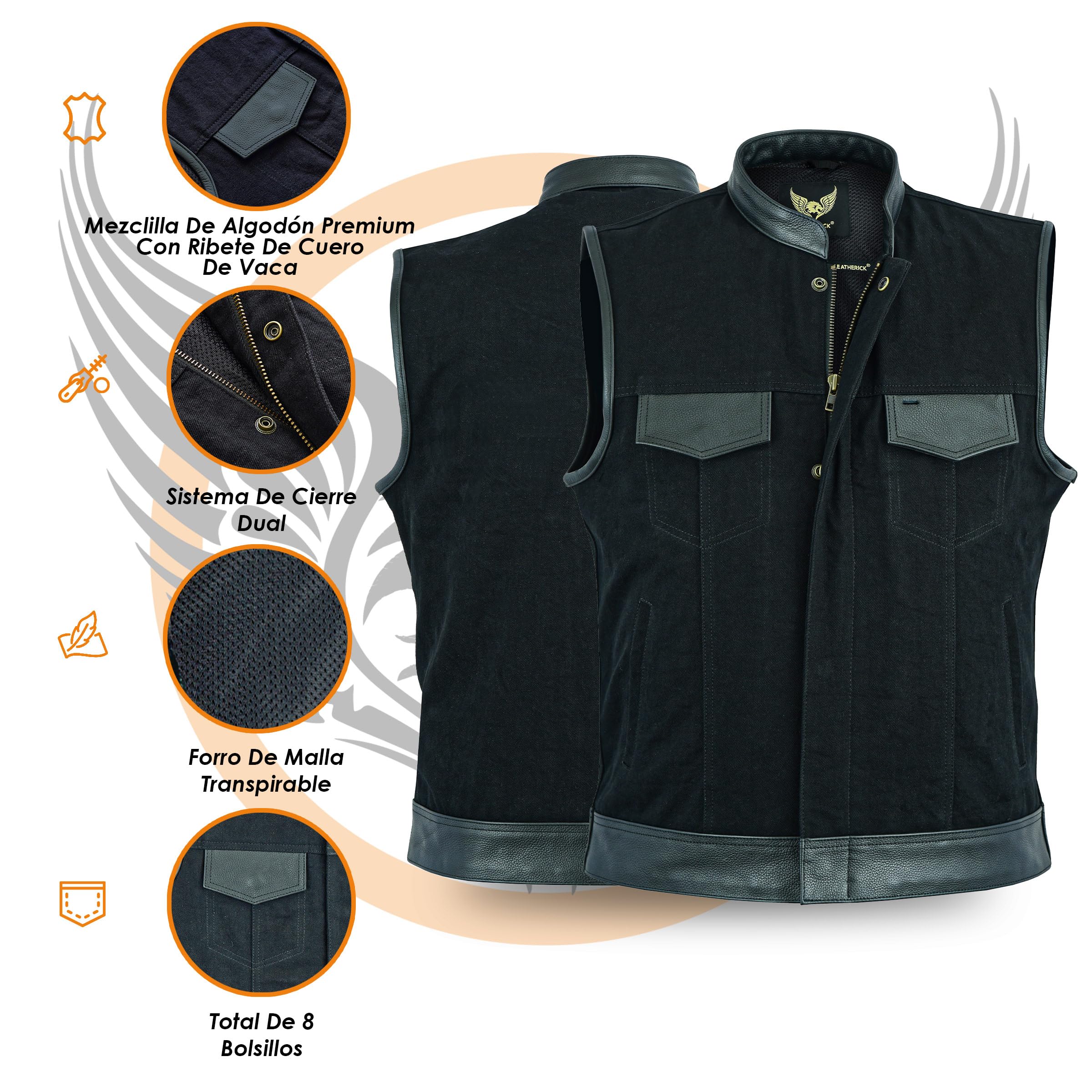Leatherick Chaleco de hombre con ribete de cuero y denim estilo motero Moda casual