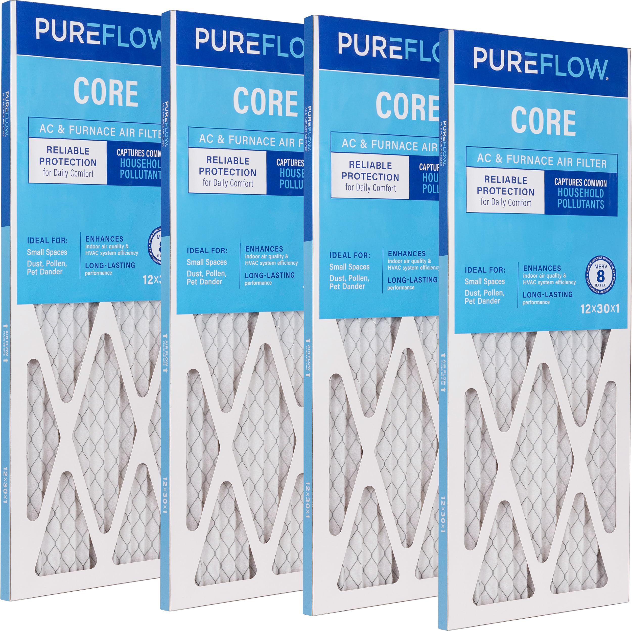 PUREFLOW Home Air Filter MERV 8, 12x30x1 Furnace Filter, 4 Layer High Efficiency Filtration for Dust, Smoke, Fumes, Pollutants (4-Pack)