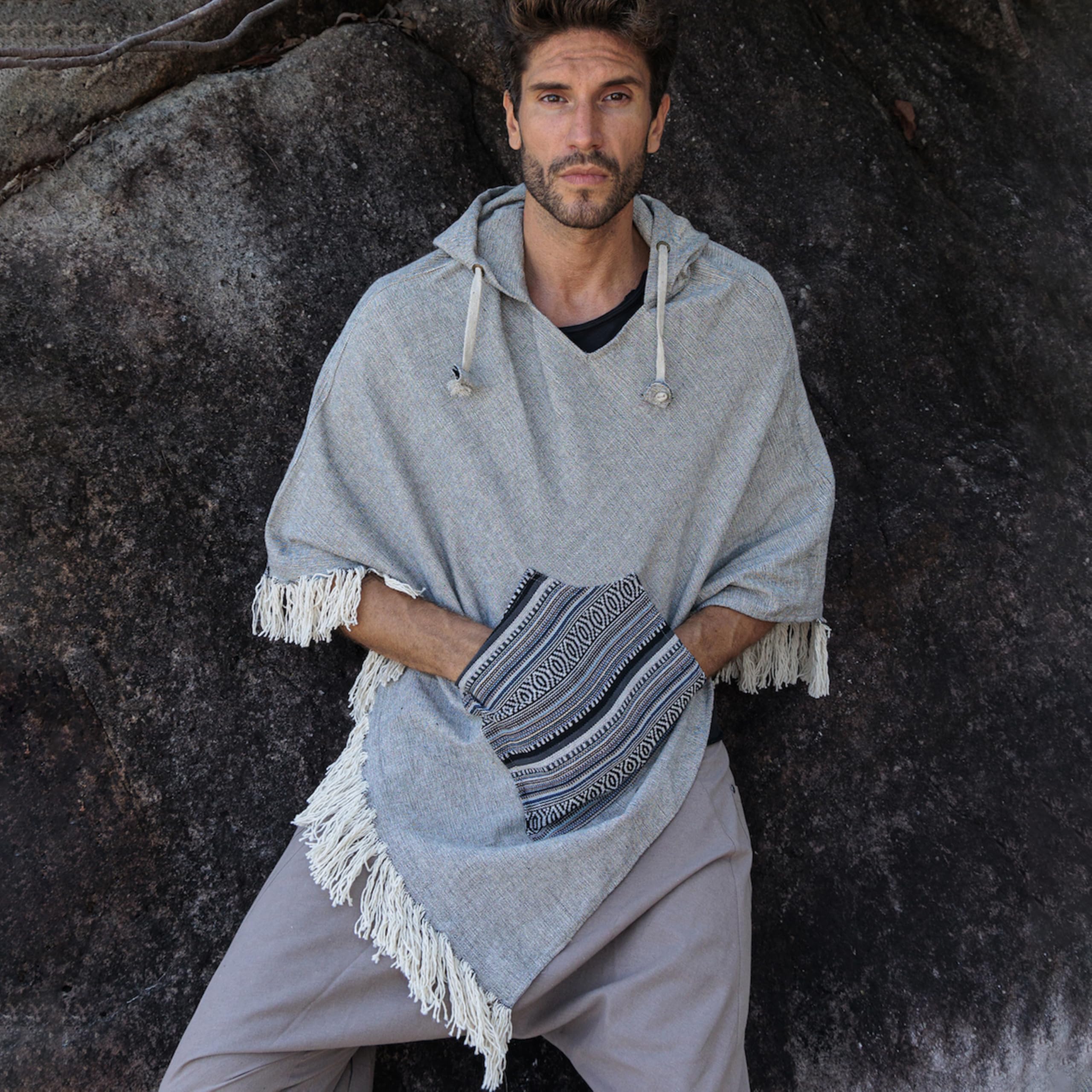 Virblatt - Poncho Uomo Invernale | 100% Cotone | Coperta Pile Tabarro Con Cappuccio | Messicano Oversize - Padre Grigio Semplice L-XL