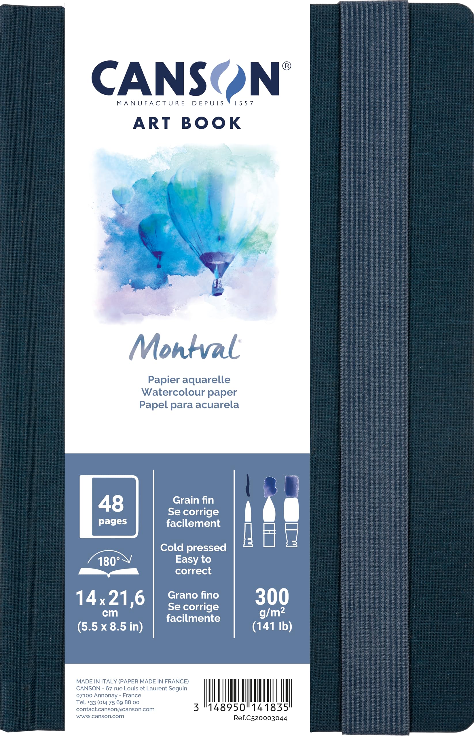 Canson Professional Book, Watercolor Paper, Fine Grain, 300gsm, 140lb, Stitched Notebook, Hardcover, 5.5x8.5 Inches, White, 24 Sheets