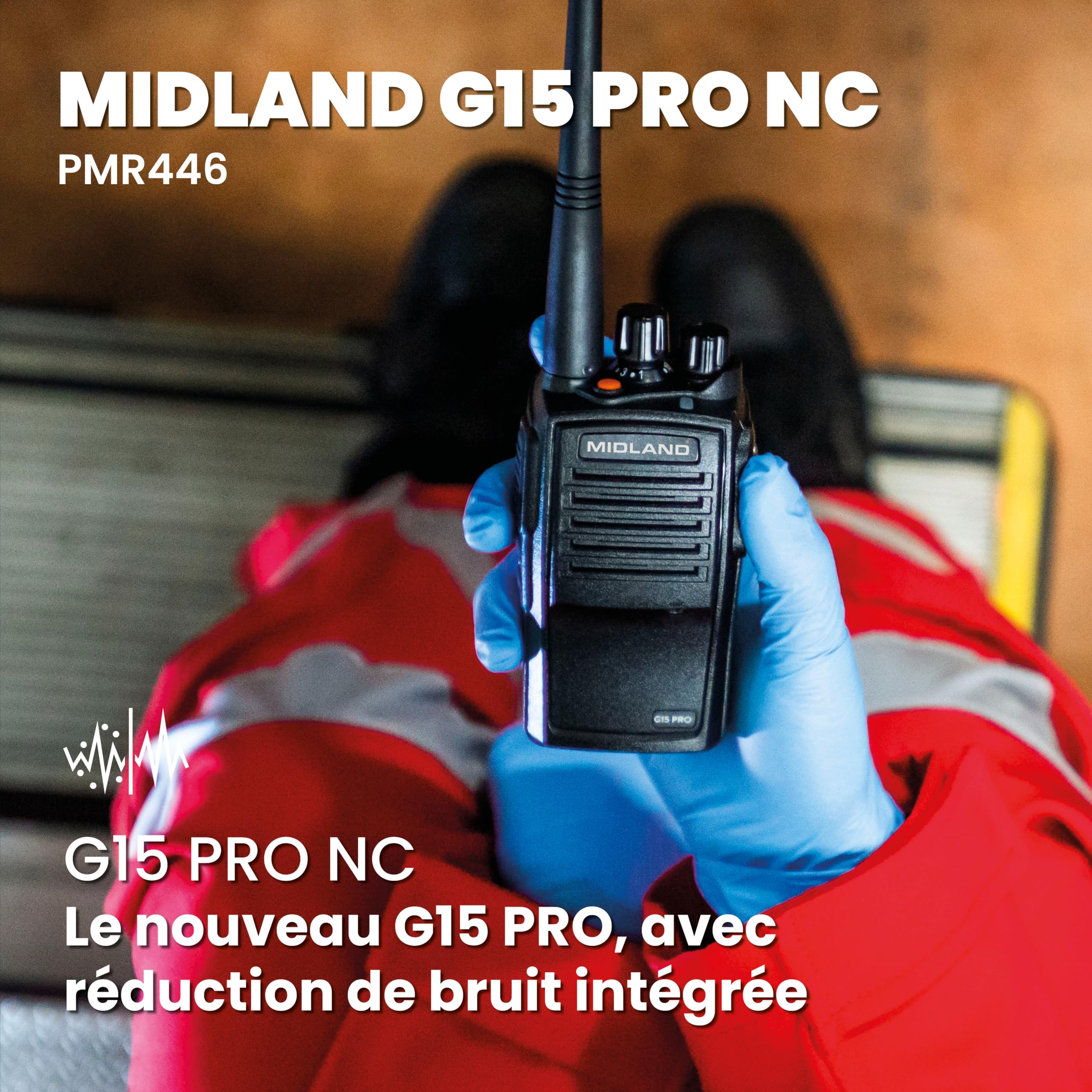 Midland G15 Pro Noise Cancelling C1127.04 - Talkie Walkie PMR 446, Fonction réduction de Bruit, IP67, 32 Canaux, Autonomie 22H, Portée Max de 12km