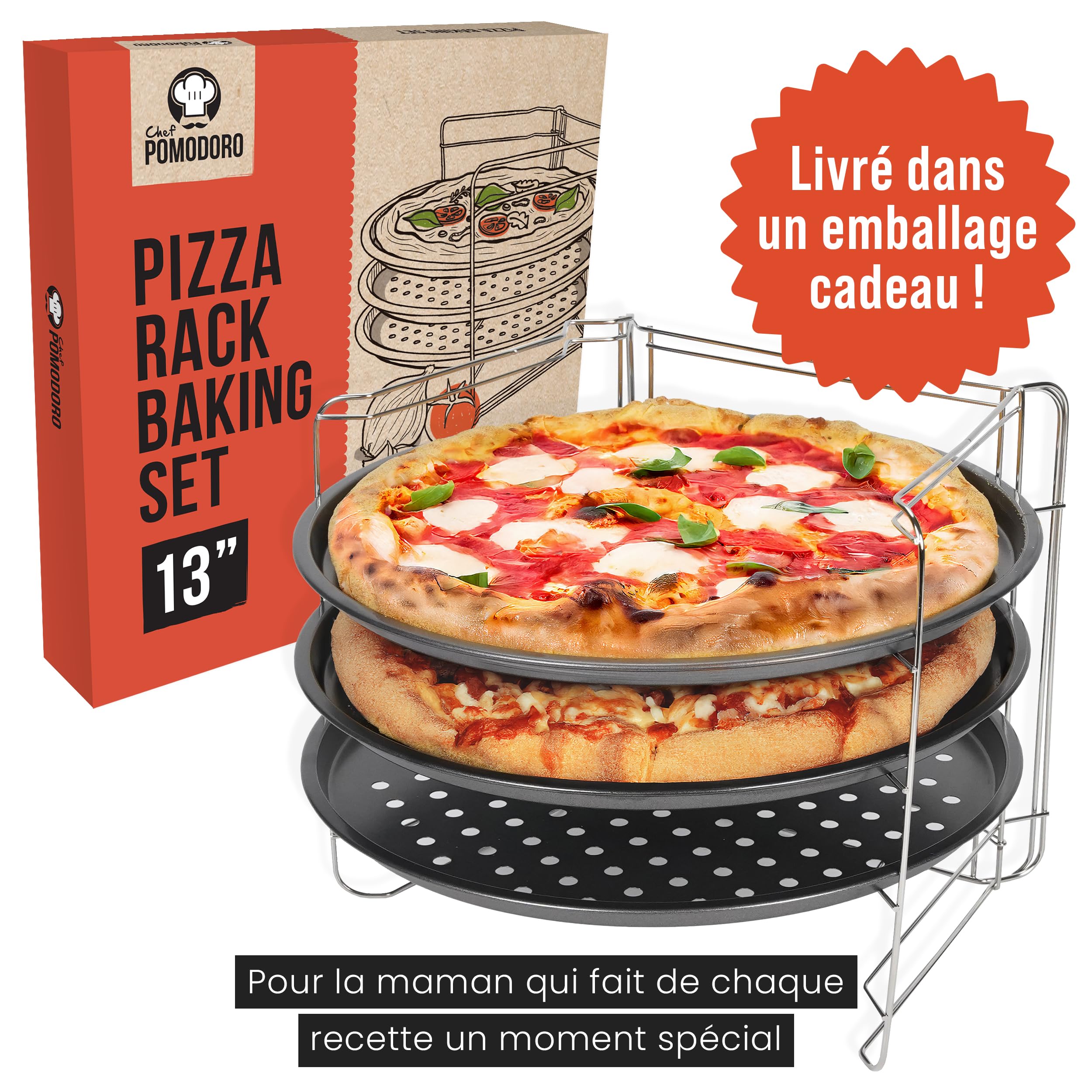 Chef Pomodoro Plaques à Pizza Antiadhésifs - Ensemble De Cuisson à Pizza Avec 3 Poêlles à Pizza Et 1 Grille de Support Pizza Four - Assiette Pizza Inox Pour Four, Grill, Barbecue (33 cm)