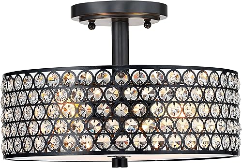 Miniatura 1 de Doraimi Lámpara de techo semi empotrada de moda con acabado chapado en negro y cristal de 12pulgadas, candelabro de 3 luces de cristal para sala,