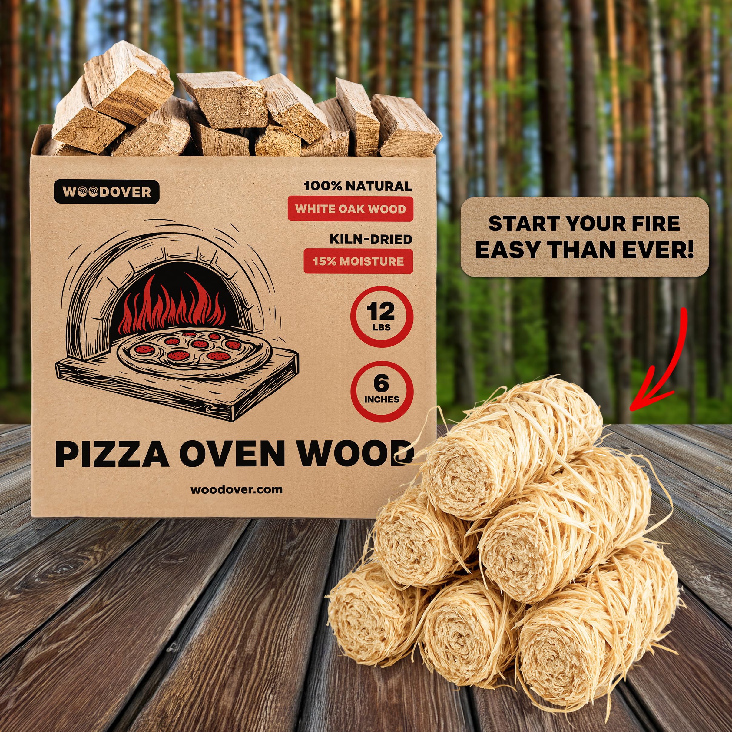 Pizza Oven Wood with Fire Starters, 12 lbs Kiln-Dried White Oak Logs (6 Inch) for Ooni, Solo Stove, Gozney – Low Smoke, Clean Split Firewood for Outdoor Cooking & Wood-Fired Pizza, Approx 800 cub.in.